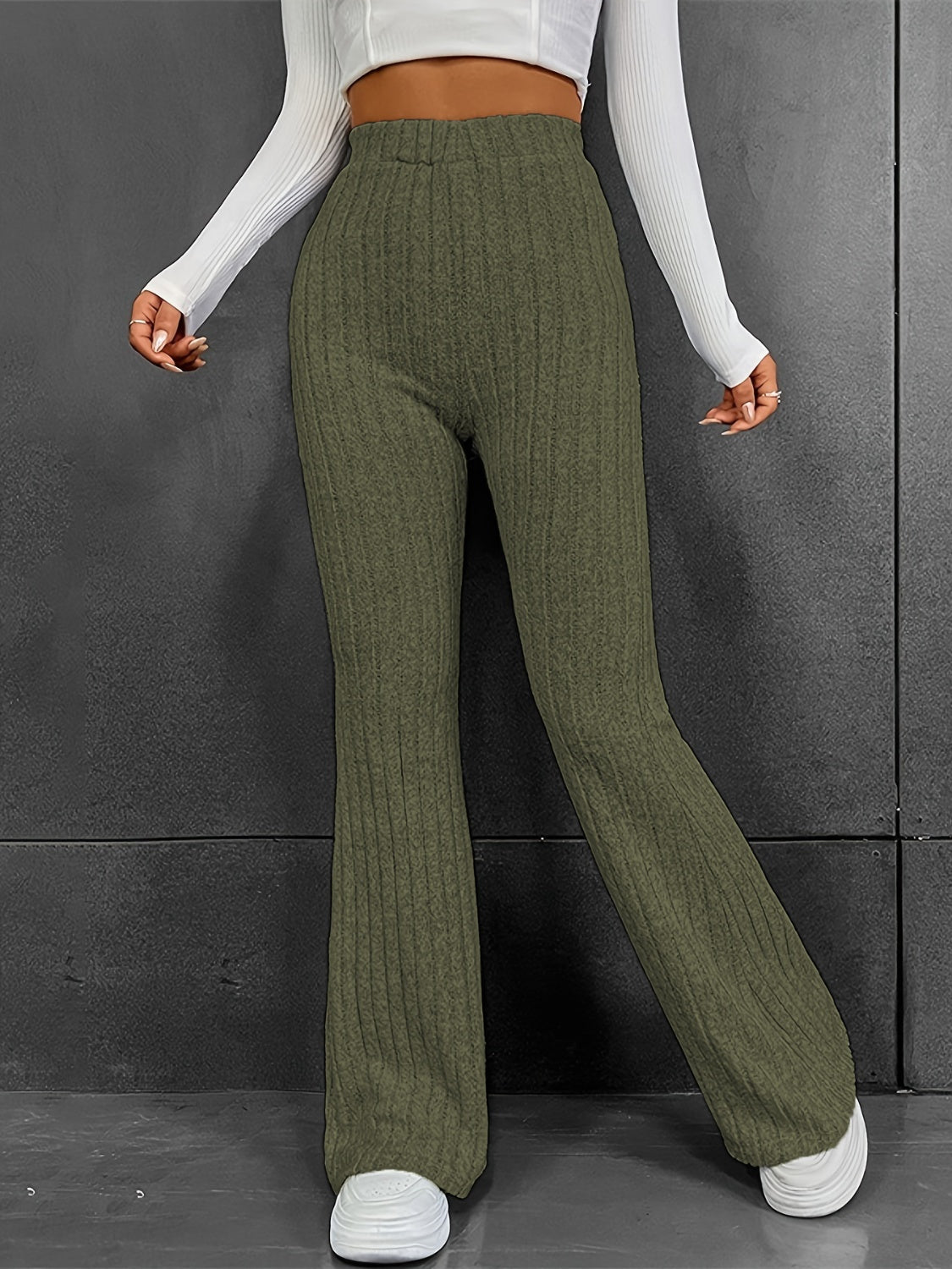 Ribbed High Waist Bootcut Pants by Wild and Free Boutique