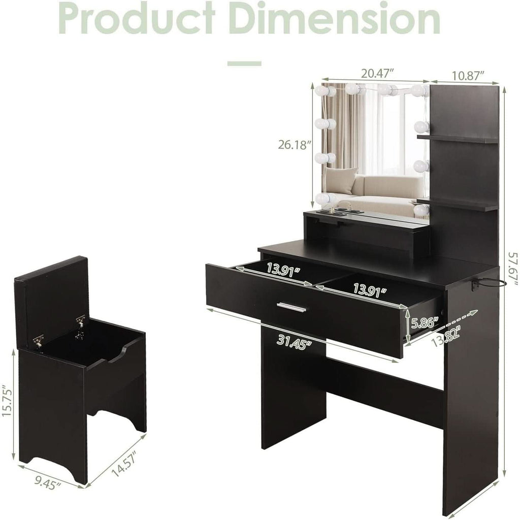 Black Makeup Vanity Table With Lighted Mirror And USB Ports by ShipItFurniture