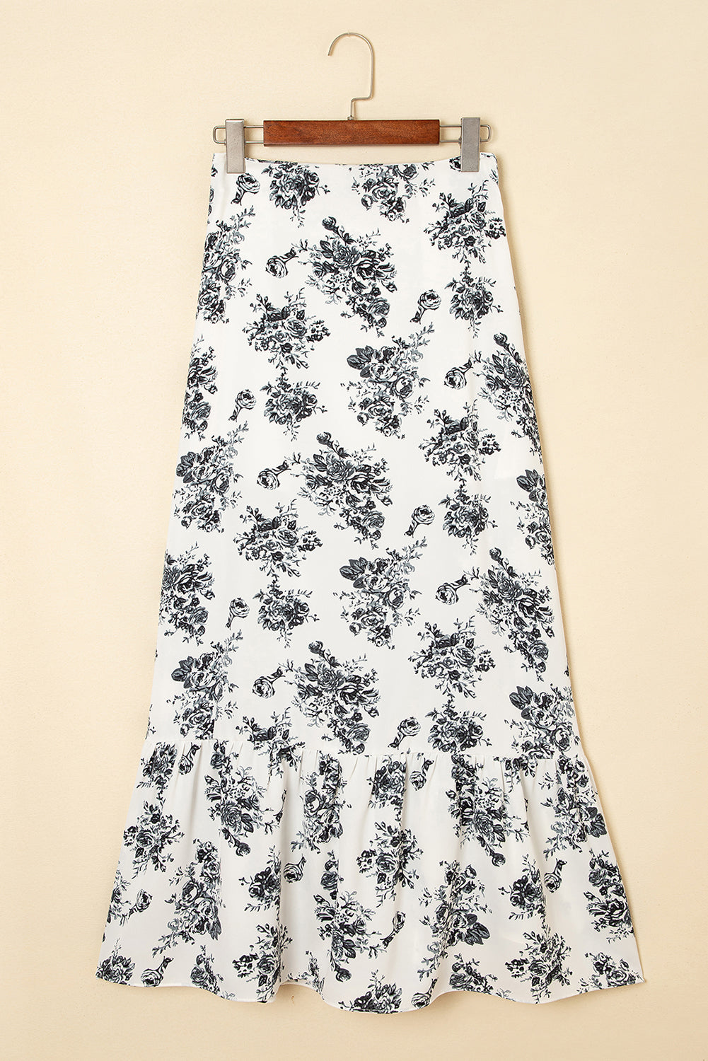 Black Boho Floral High Waist Ruffle Split Maxi Skirt by Wild and Free Boutique