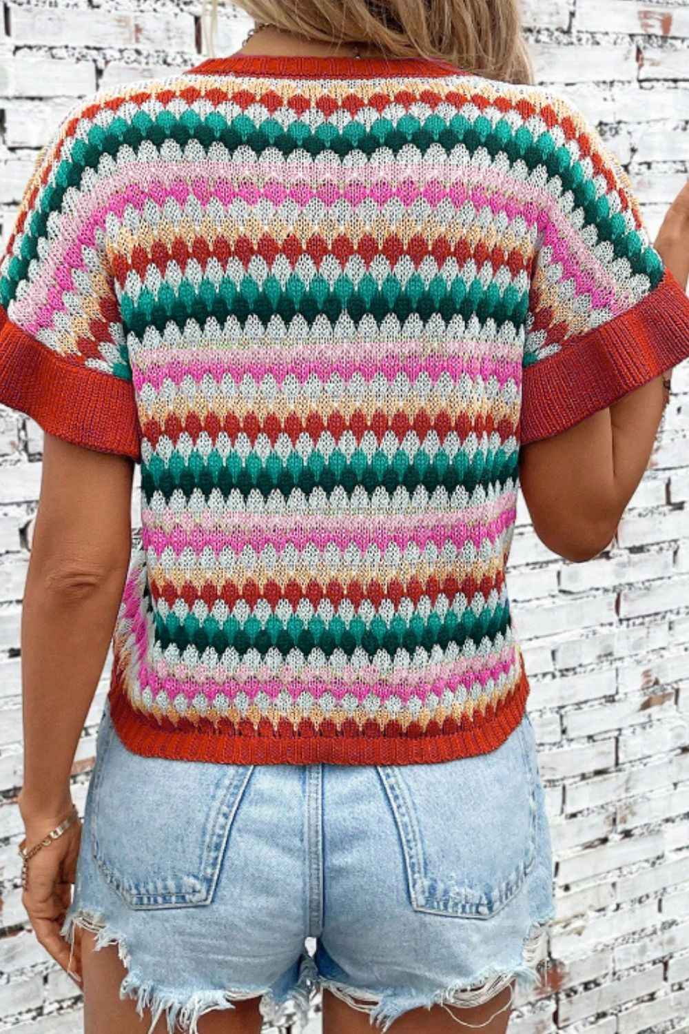 Contrast Round Neck Short Sleeve Sweater by Wild and Free Boutique