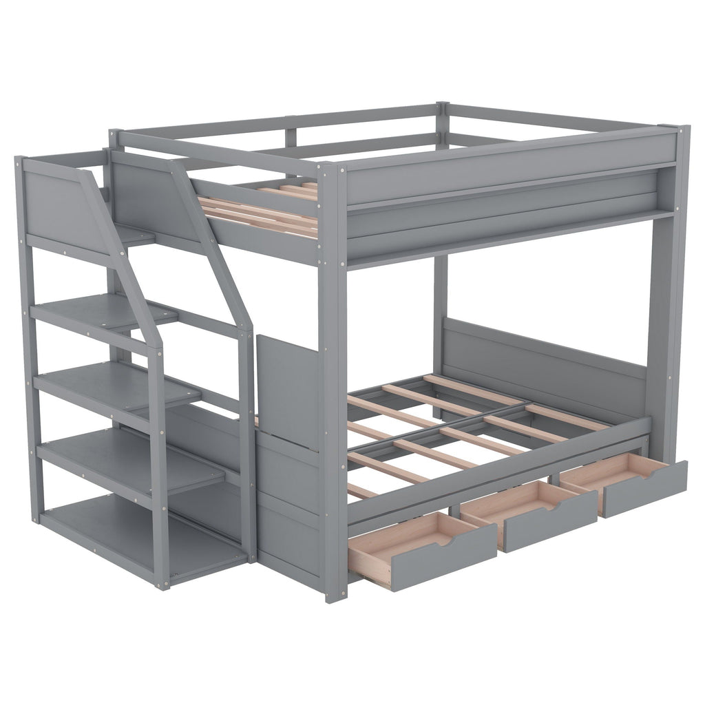 Wood Full Size Convertible Bunk Bed With Storage Staircase, Bedside Table, And 3 Drawers - Gray by Unique Piece Furniture