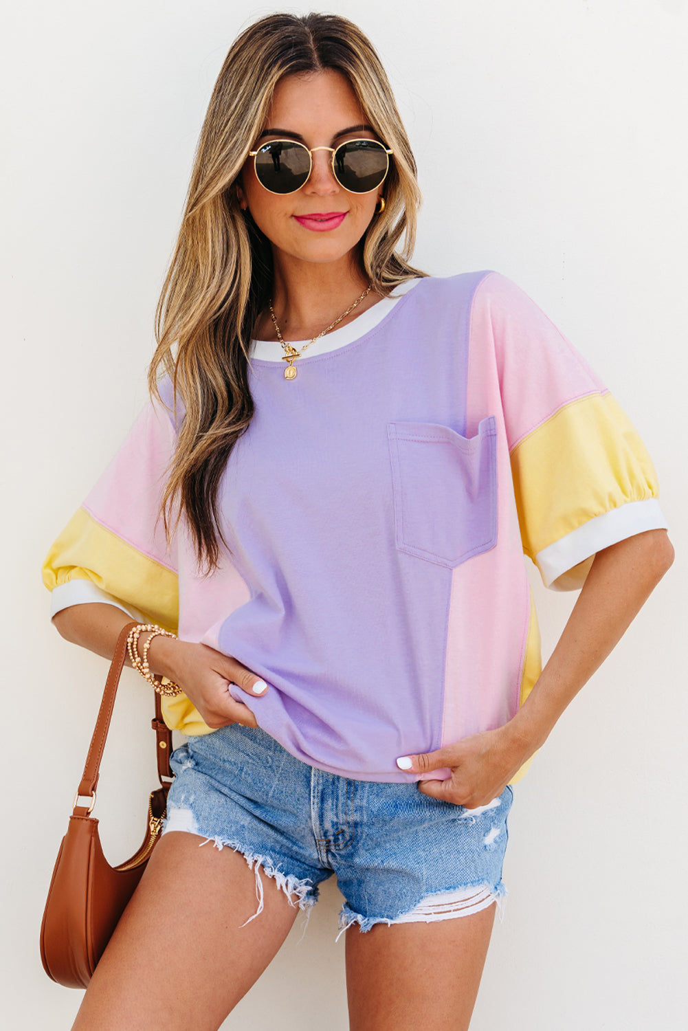 Purple Color Block Patchwork Half Sleeve Oversized T Shirt by Wild and Free Boutique