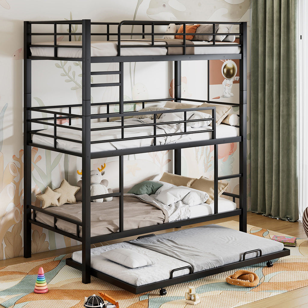 Triple Bunk Bed With Trundle, Heavy Duty Steel Construction by Unique Piece Furniture