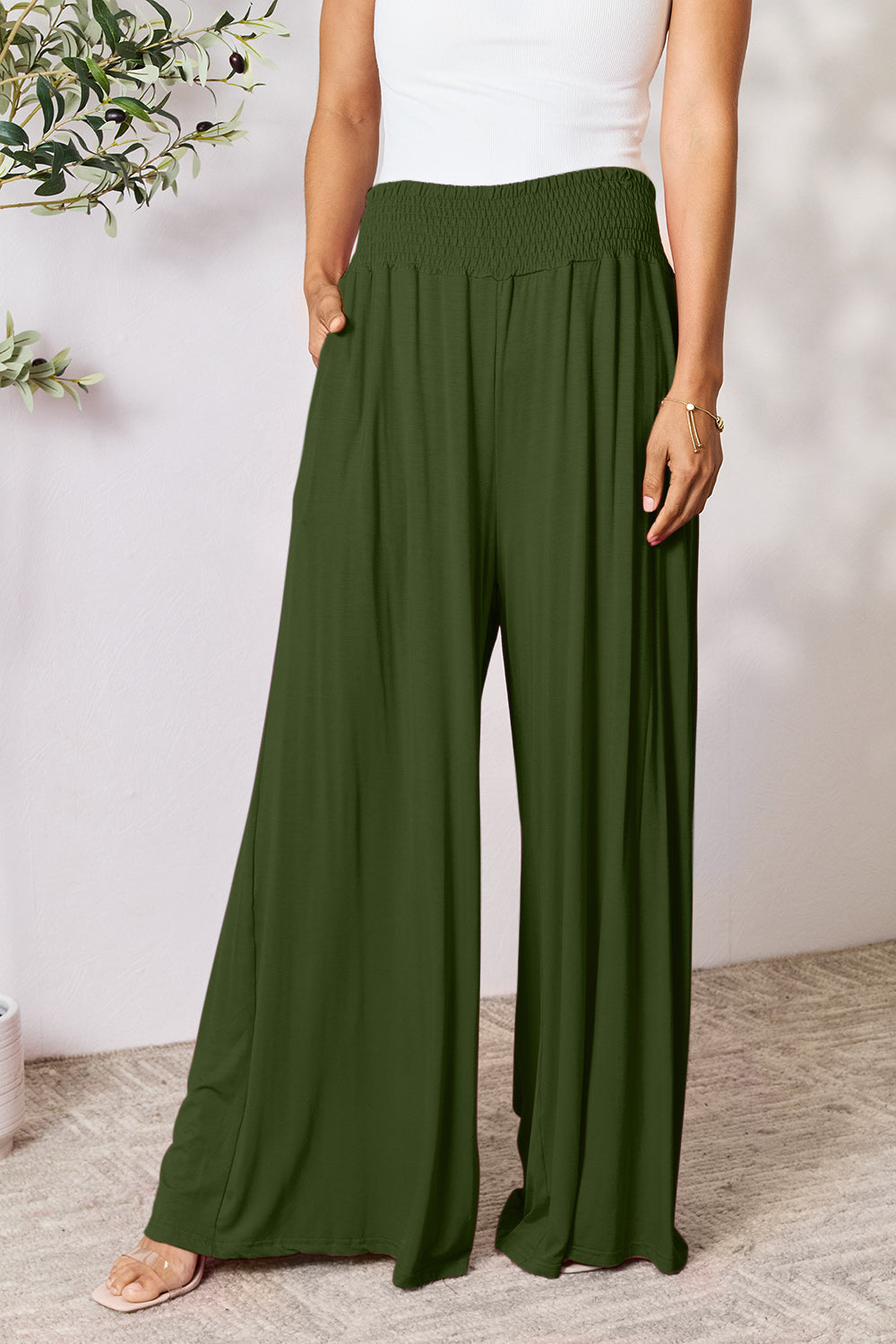 Double Take Full Size Smocked Wide Waistband Wide Leg Pants by Wild and Free Boutique