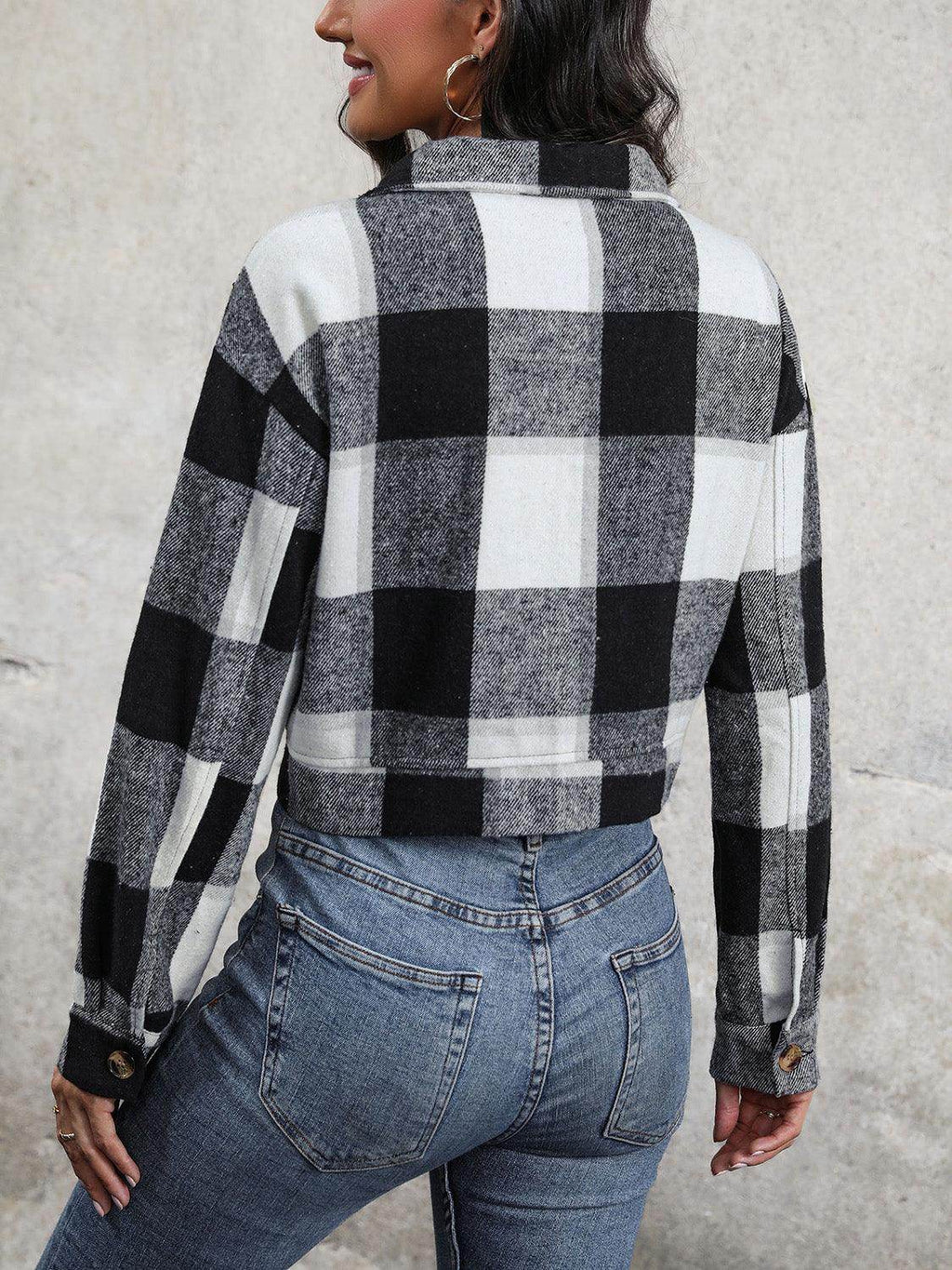 Perfee Plaid Button Up Drop Shoulder Cropped Jacket for Women by Selvanelle