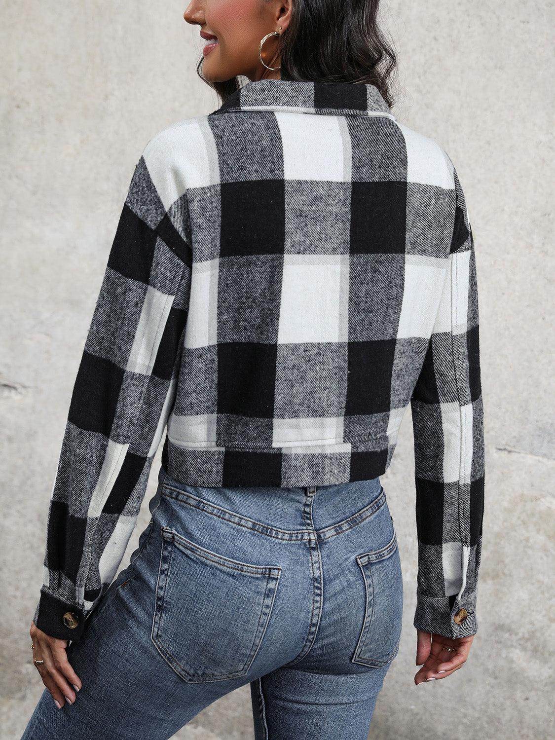 Perfee Plaid Button Up Drop Shoulder Cropped Jacket for Women by Selvanelle