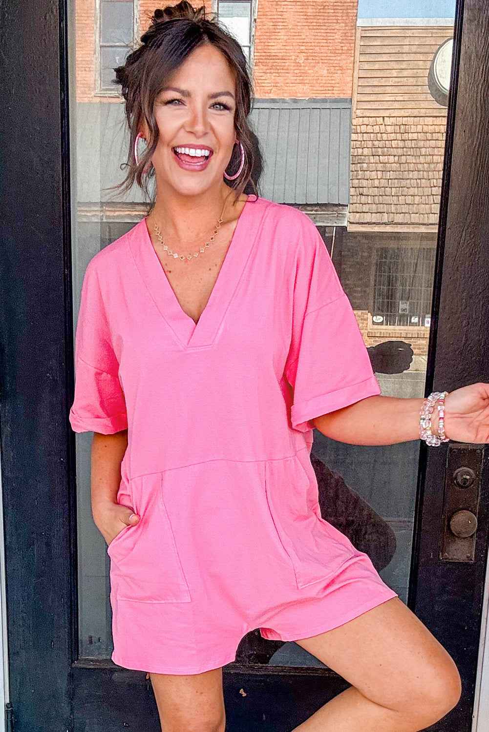 Bonbon Loose Half Sleeve V Neck Plain Romper by Wild and Free Boutique