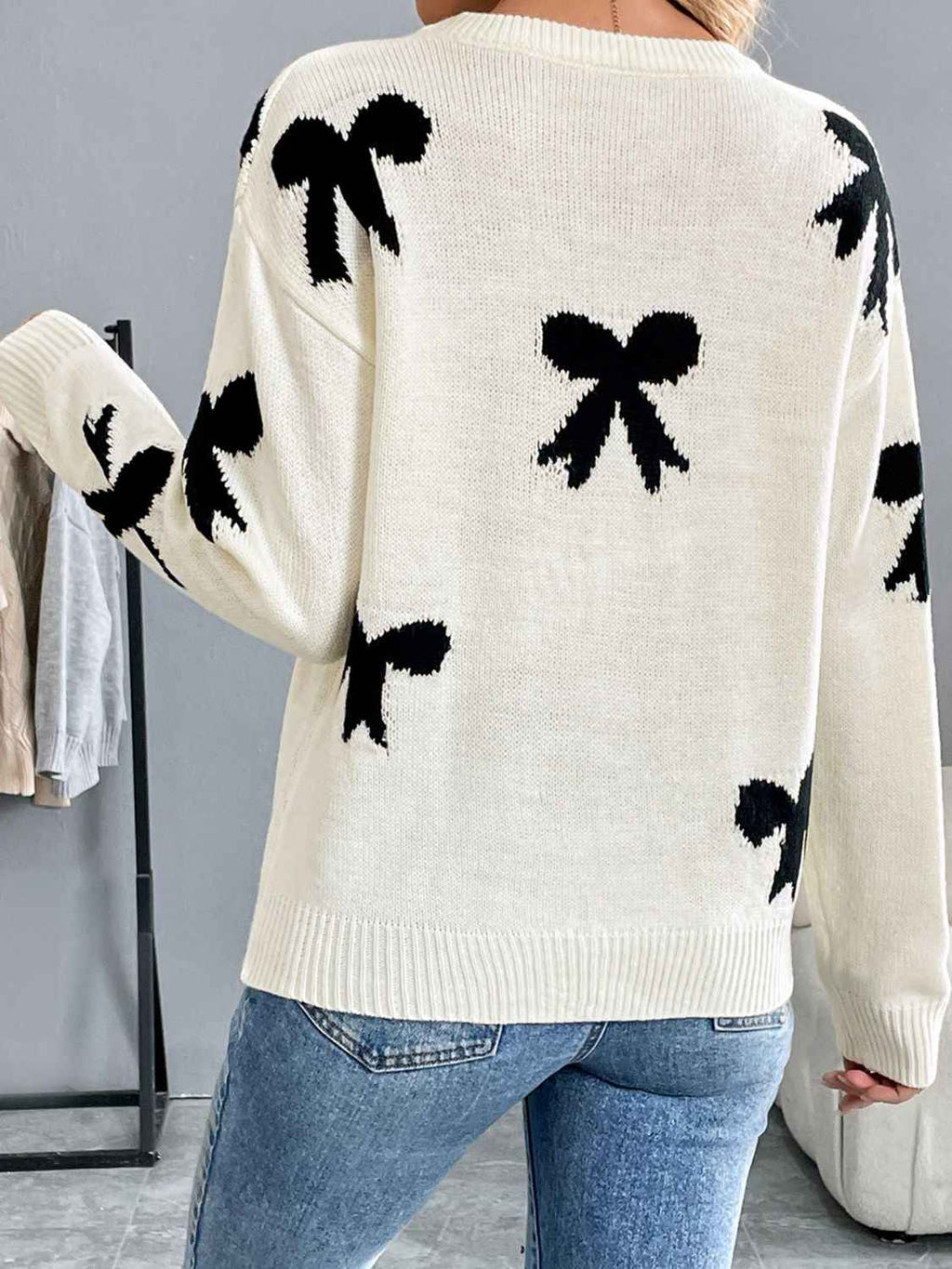 Perfee Bow Graphic Round Neck Long Sleeve Sweater by Wild and Free Boutique