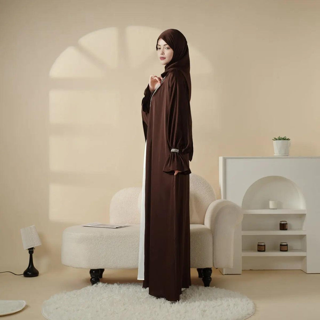 Poet Sleeve Satin Open Abaya With Matching Belt and Hijab (MOA009) by Mariam's Collection