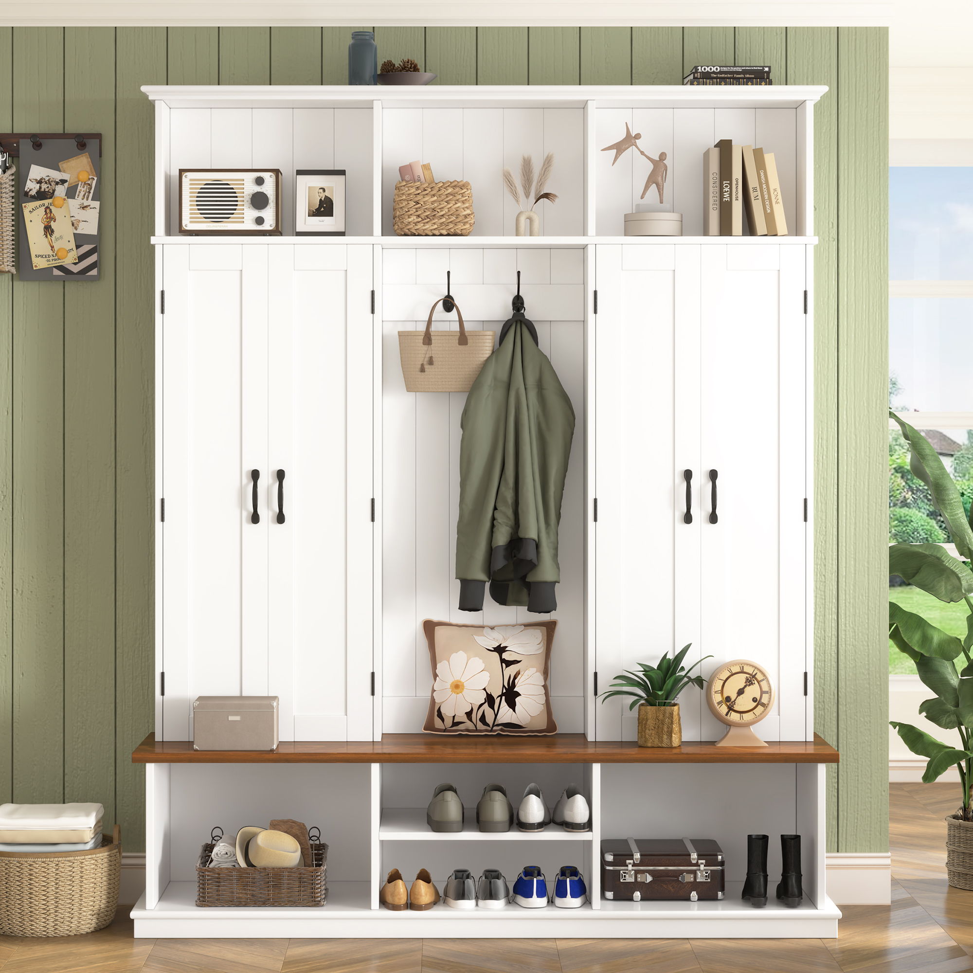 Entryway Hall Tree With Bench, 3 Top Cubbies & Bottom Storage Space by Unique Piece Furniture