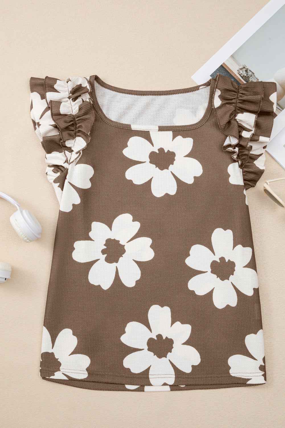 Brown Floral Textured Ruffled Short Sleeve Square Neck Blouse by Wild and Free Boutique