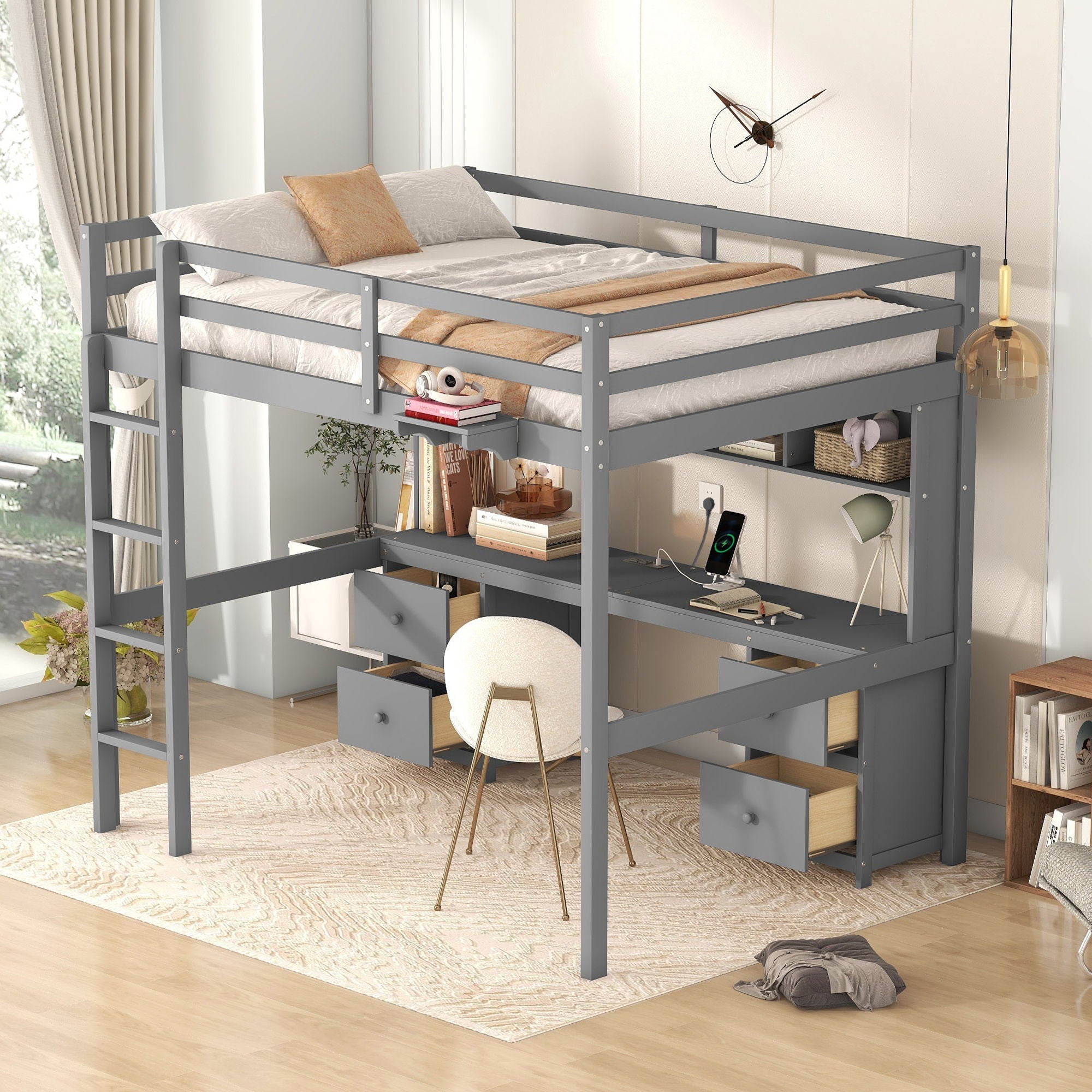 Loft Bed With Desk, Cabinets, Drawers, Charging Station And Bedside Tray by Unique Piece Furniture