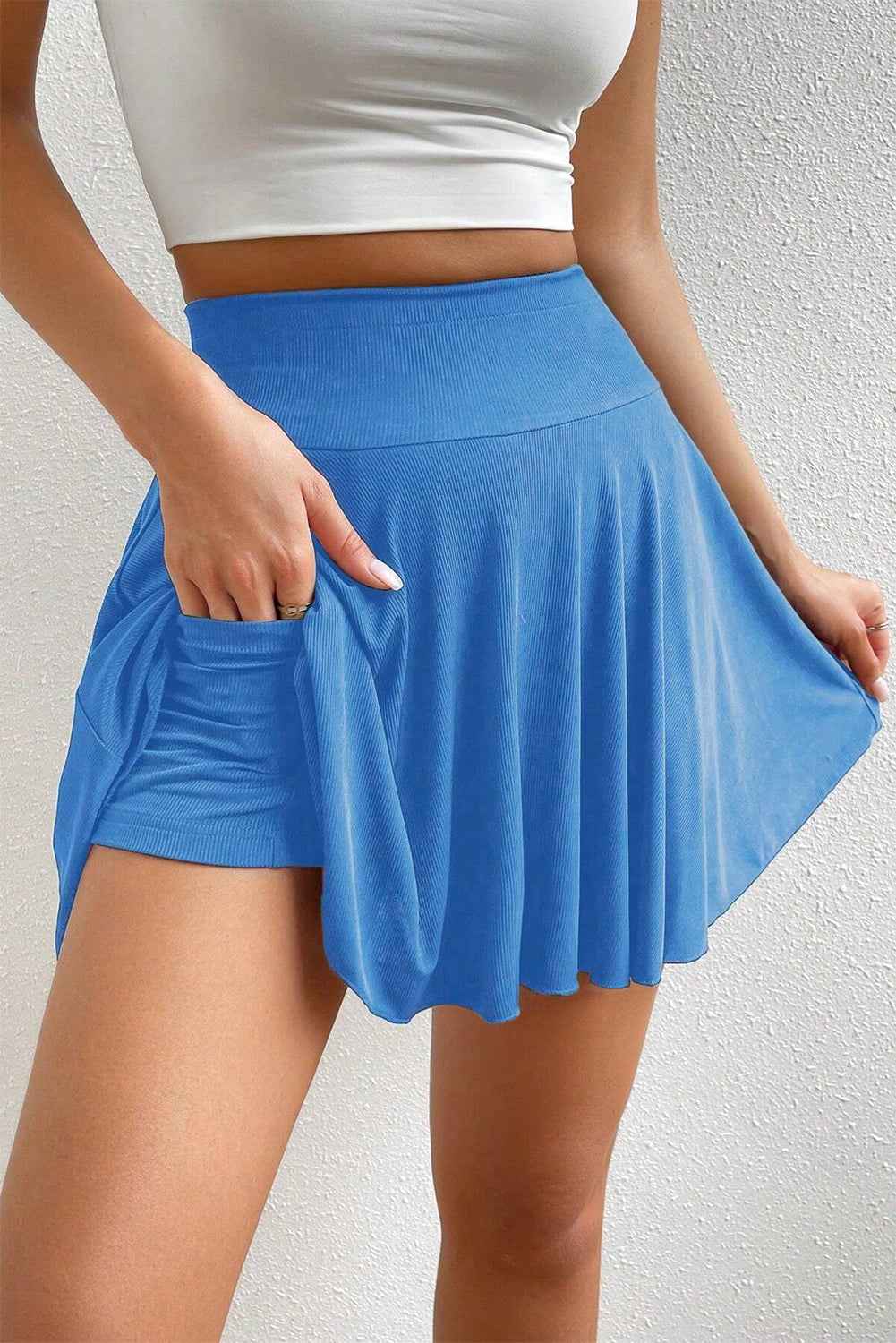Blue A-line Draped High Waist Pocketed Lined Skort by Wild and Free Boutique