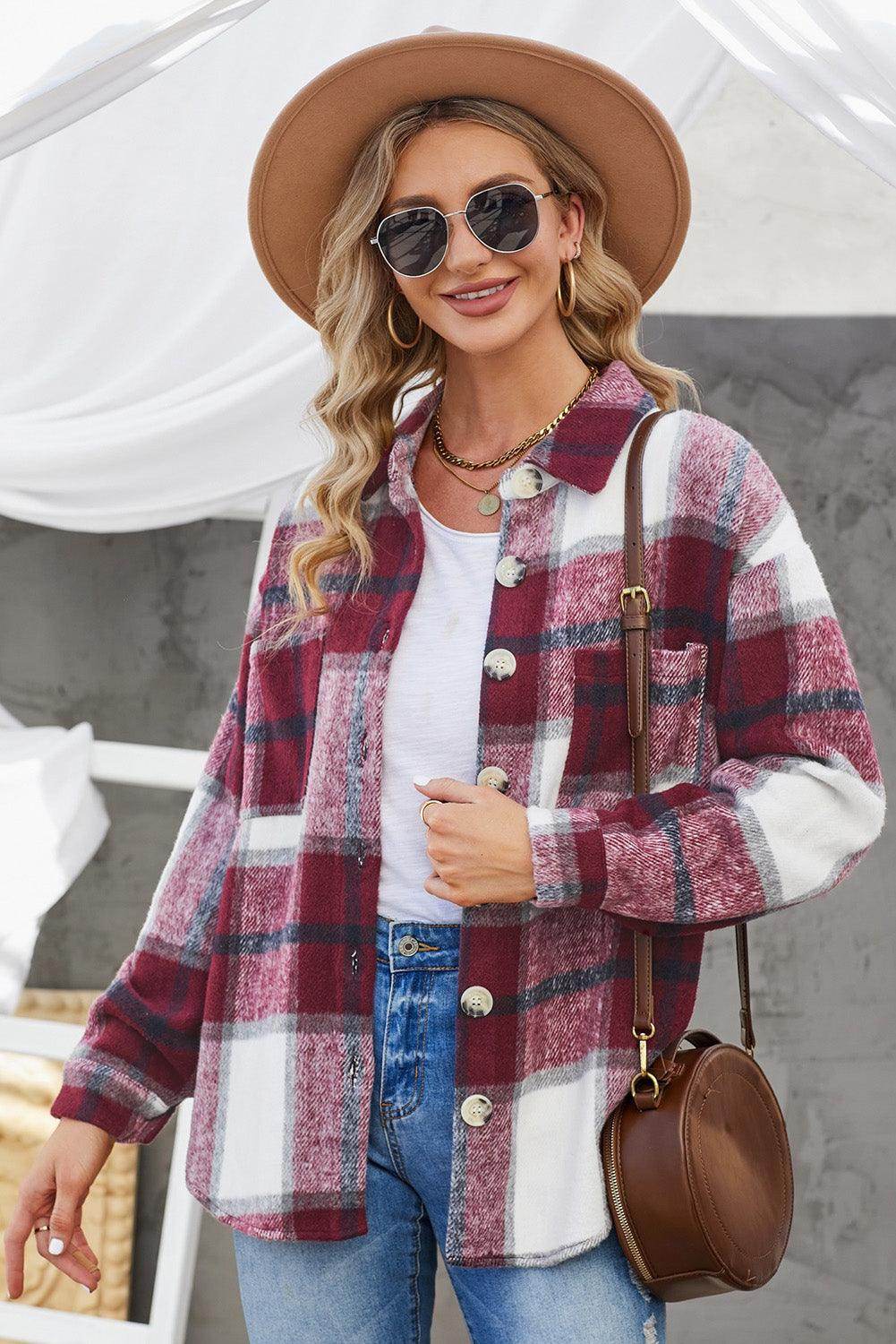 Plaid Button Up Dropped Shoulder Jacket for Women Stylish by Selvanelle