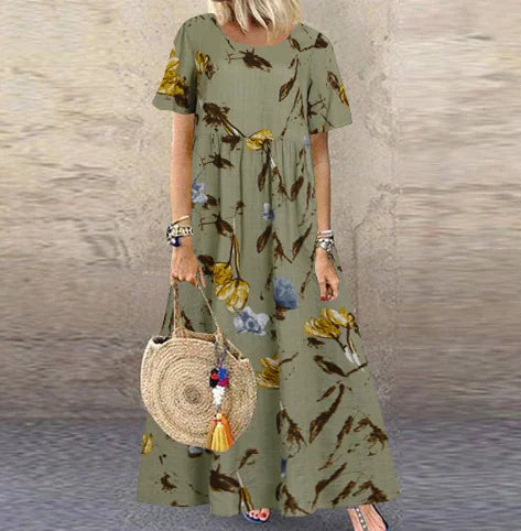 Retro Floral Print Short-sleeved Round Neck Dress by Trendy Attic Store01