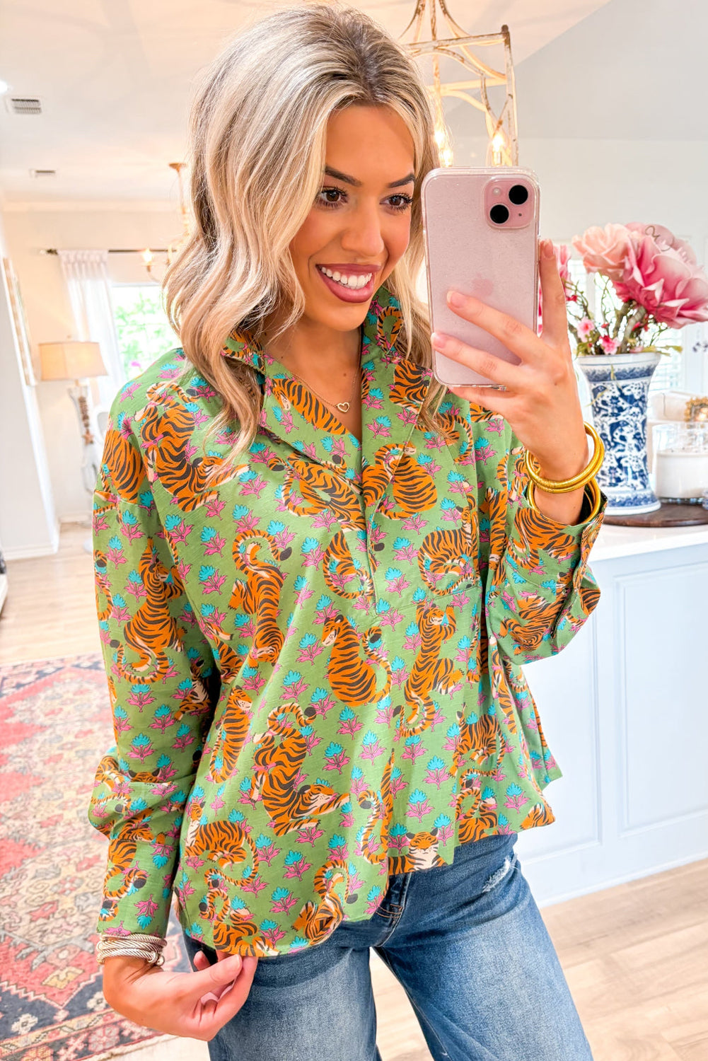 Green Tiger Floral Printed Collared V Neck Casual Shirt by Dear-Lover Dropshipping
