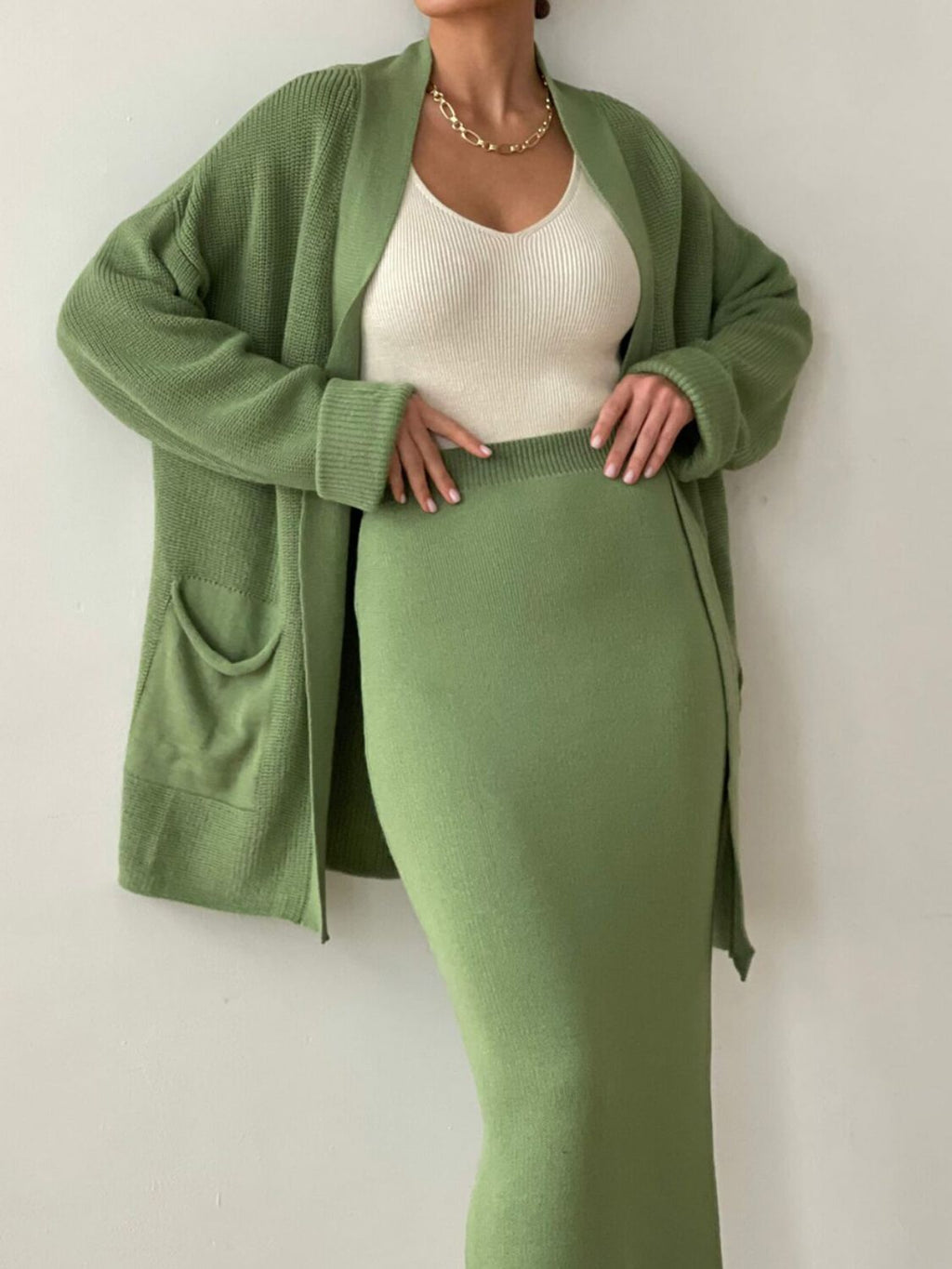 Pocketed Long Sleeve Cardigan and Skirt Sweater Set by Wild and Free Boutique