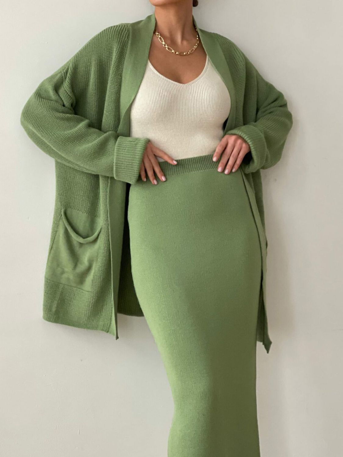 Pocketed Long Sleeve Cardigan and Skirt Sweater Set by Wild and Free Boutique