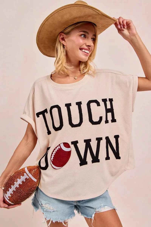 BiBi Game Day Touchdown Letter Patches Waffle Short Top by Wild and Free Boutique