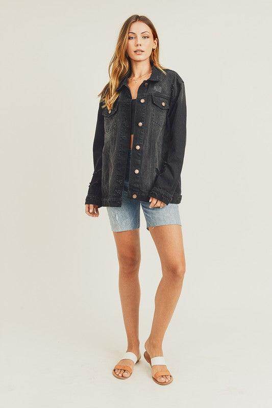 RISEN Full Size Distressed Long Sleeve Denim Jacket for Women by Selvanelle