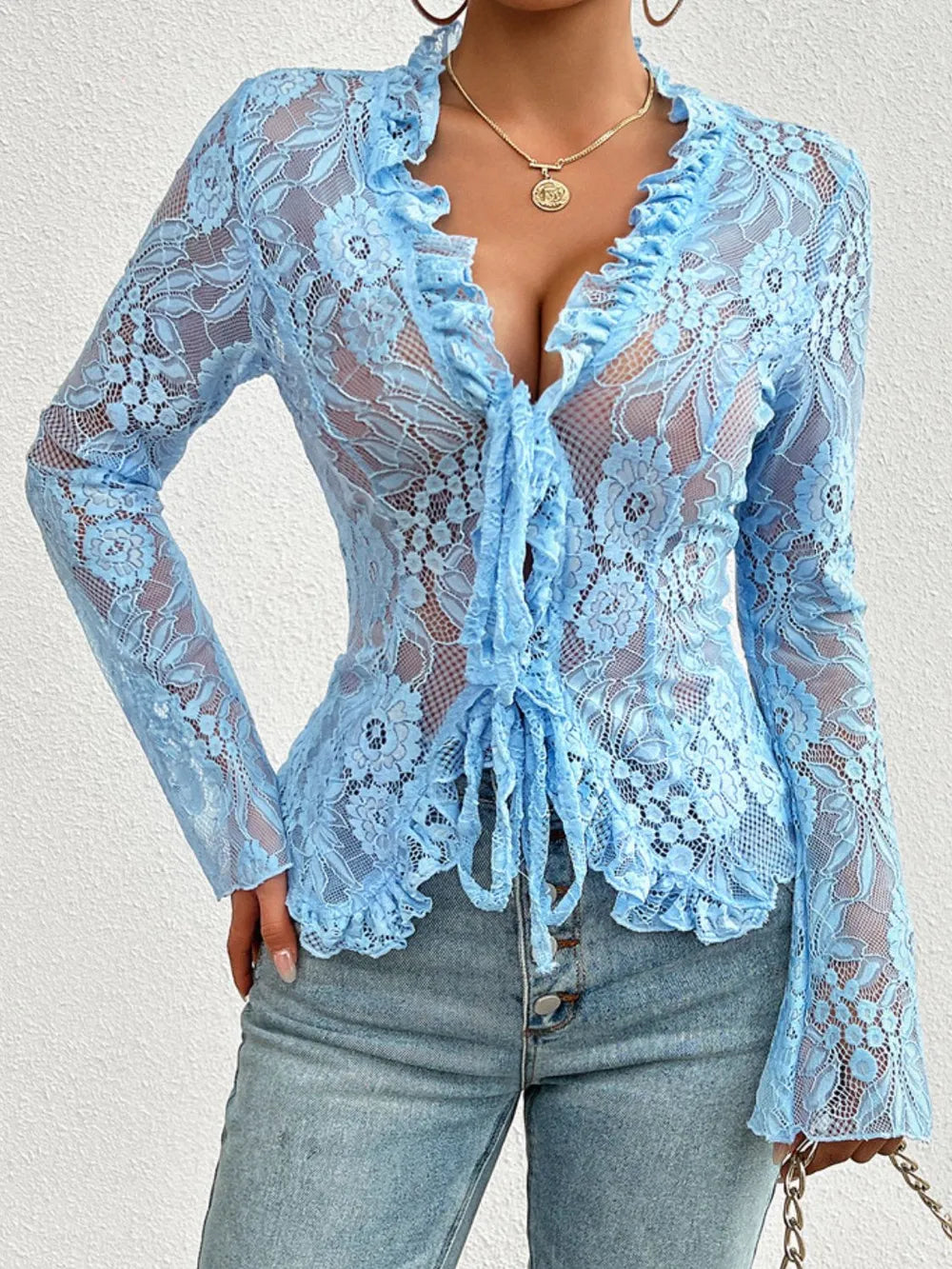Tied V-Neck Long Sleeve Lace Top by Wild and Free Boutique