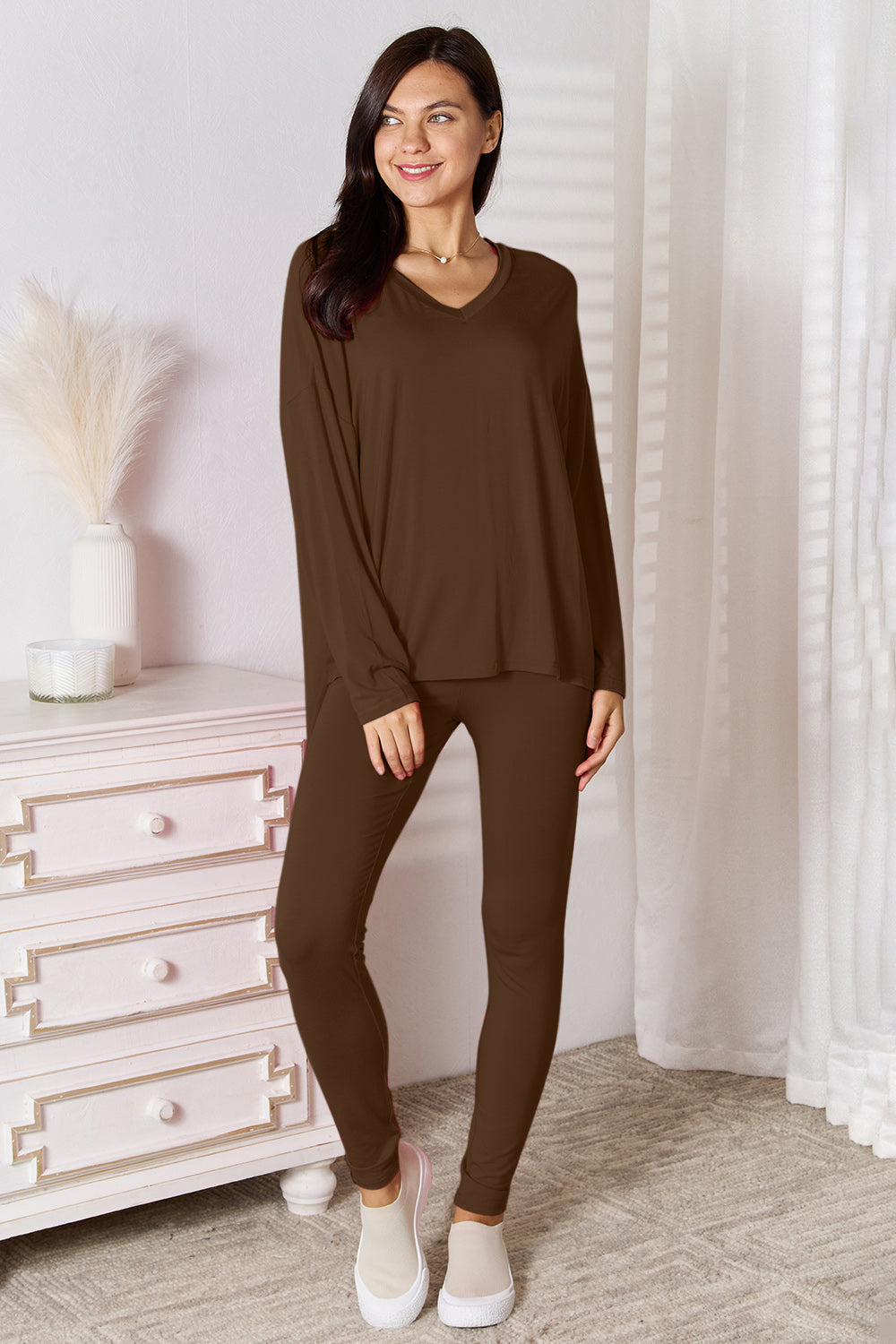 Basic Bae Full Size V-Neck Soft Rayon Long Sleeve Top and Pants Lounge Set by Wild and Free Boutique