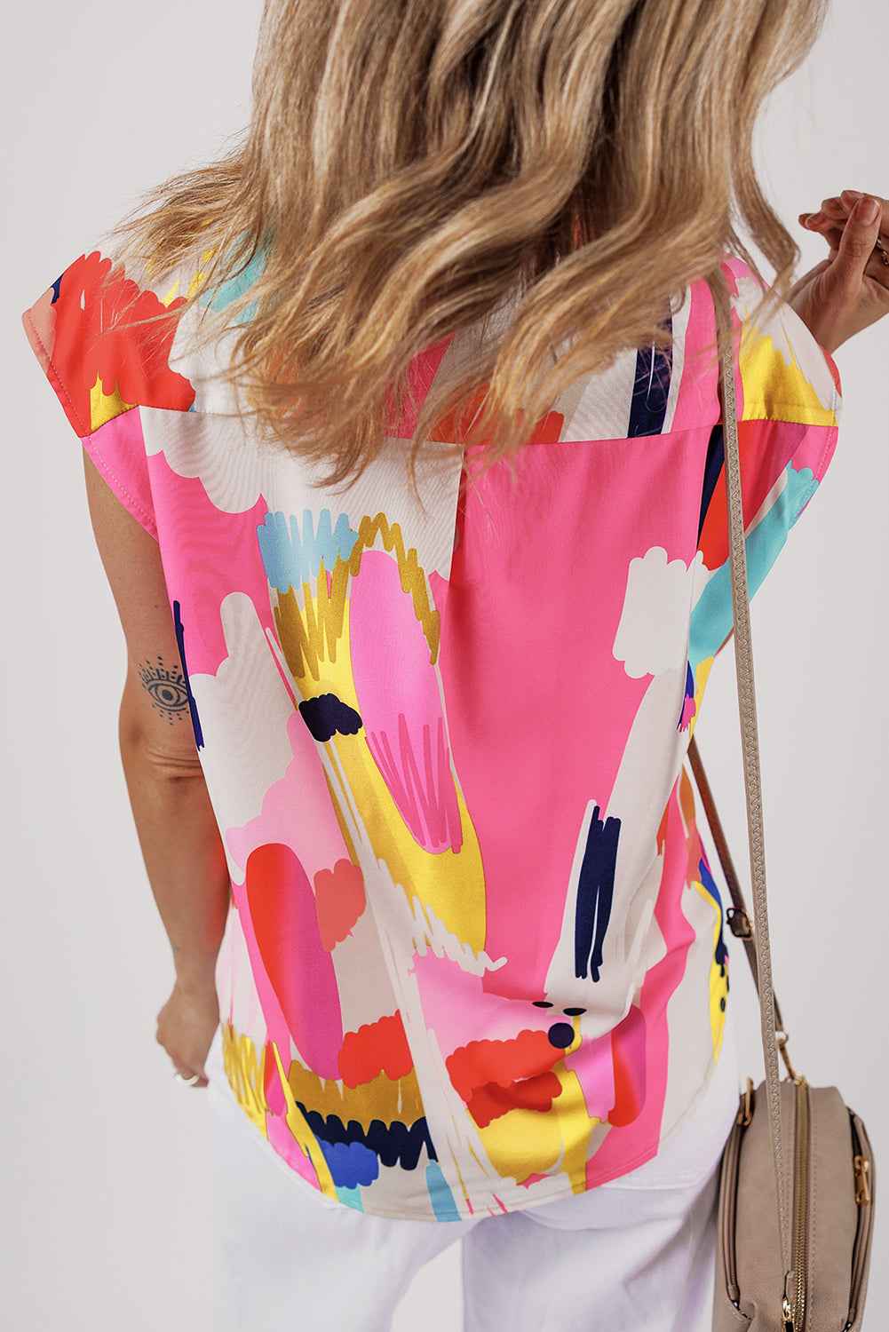 Multicolour Abstract Print Collared Cap Sleeve Casual Shirt by Wild and Free Boutique