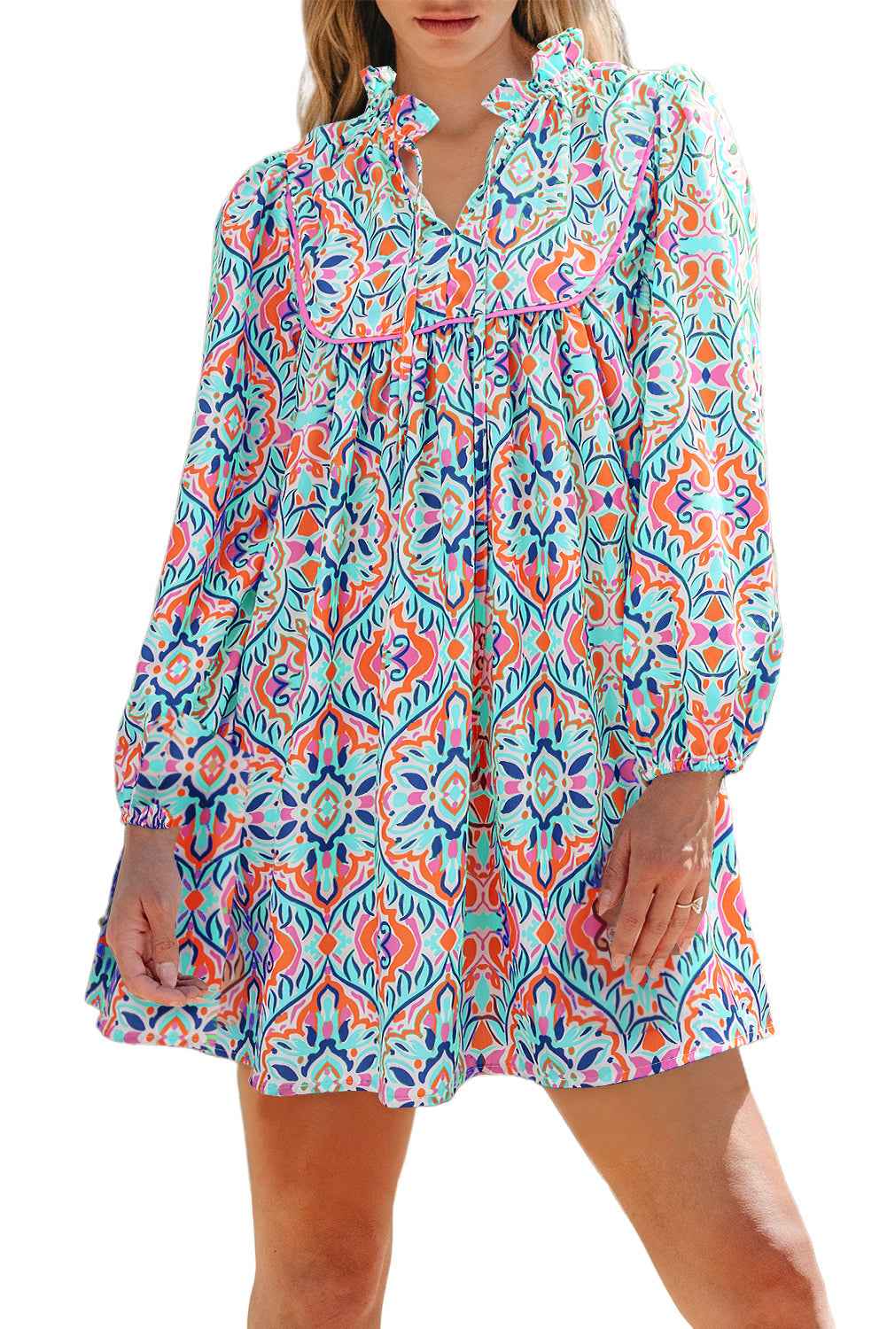Sky Blue Abstract Printed Long Sleeve Tied Neckline Mini Dress by Wild and Free Boutique