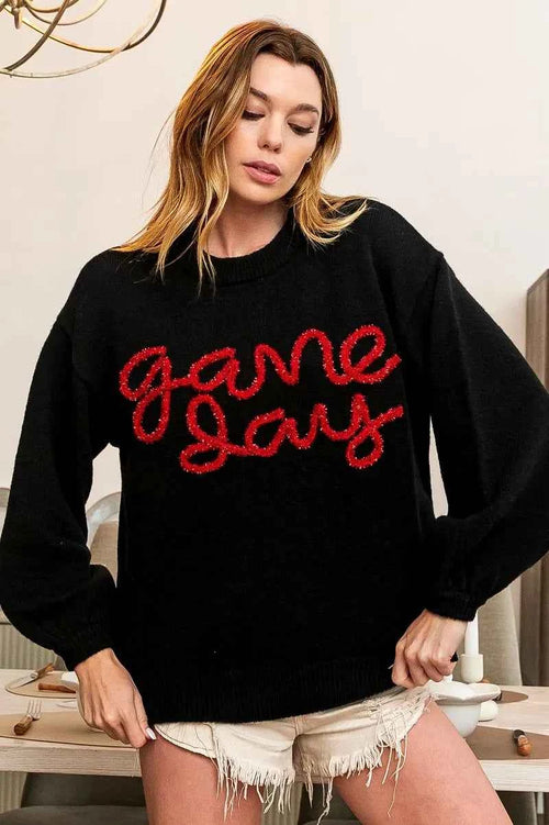 BiBi Game Day Metallic Letter Sweater by Wild and Free Boutique