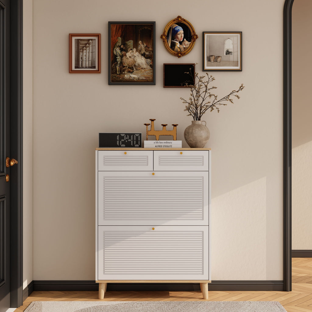 Modern Freestanding Shoe Cabinet With Flip Up Doors And Drawers, Compact Design For Entryway - White Natural by Unique Piece Furniture