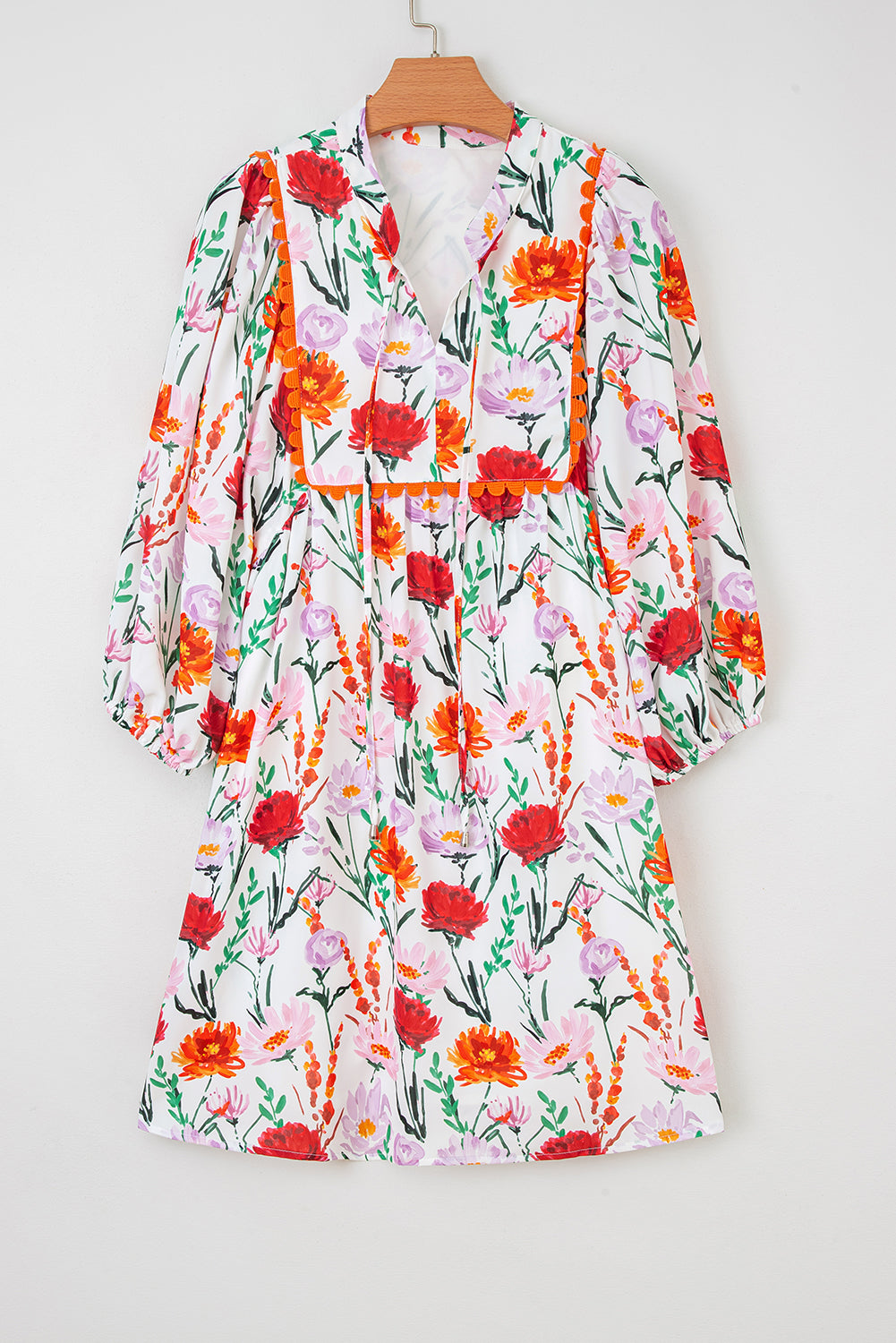 Beige Floral Print 3/4 Puff Sleeve Ricrac Trim Mini Dress by Wild and Free Boutique