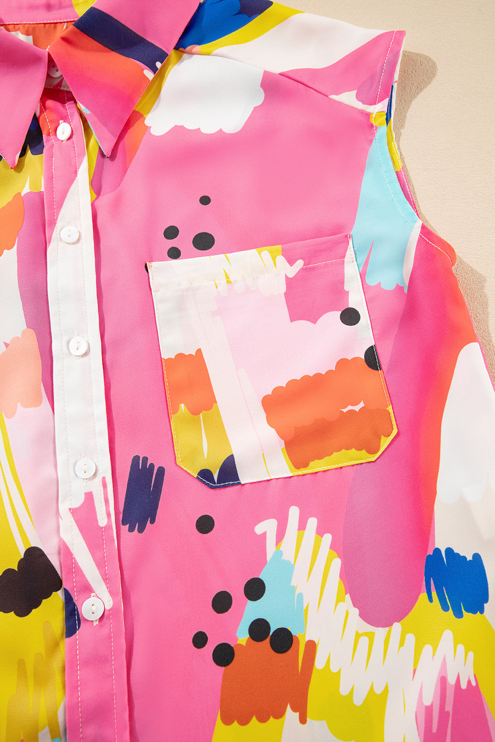 Multicolour Abstract Print Collared Cap Sleeve Casual Shirt by Wild and Free Boutique