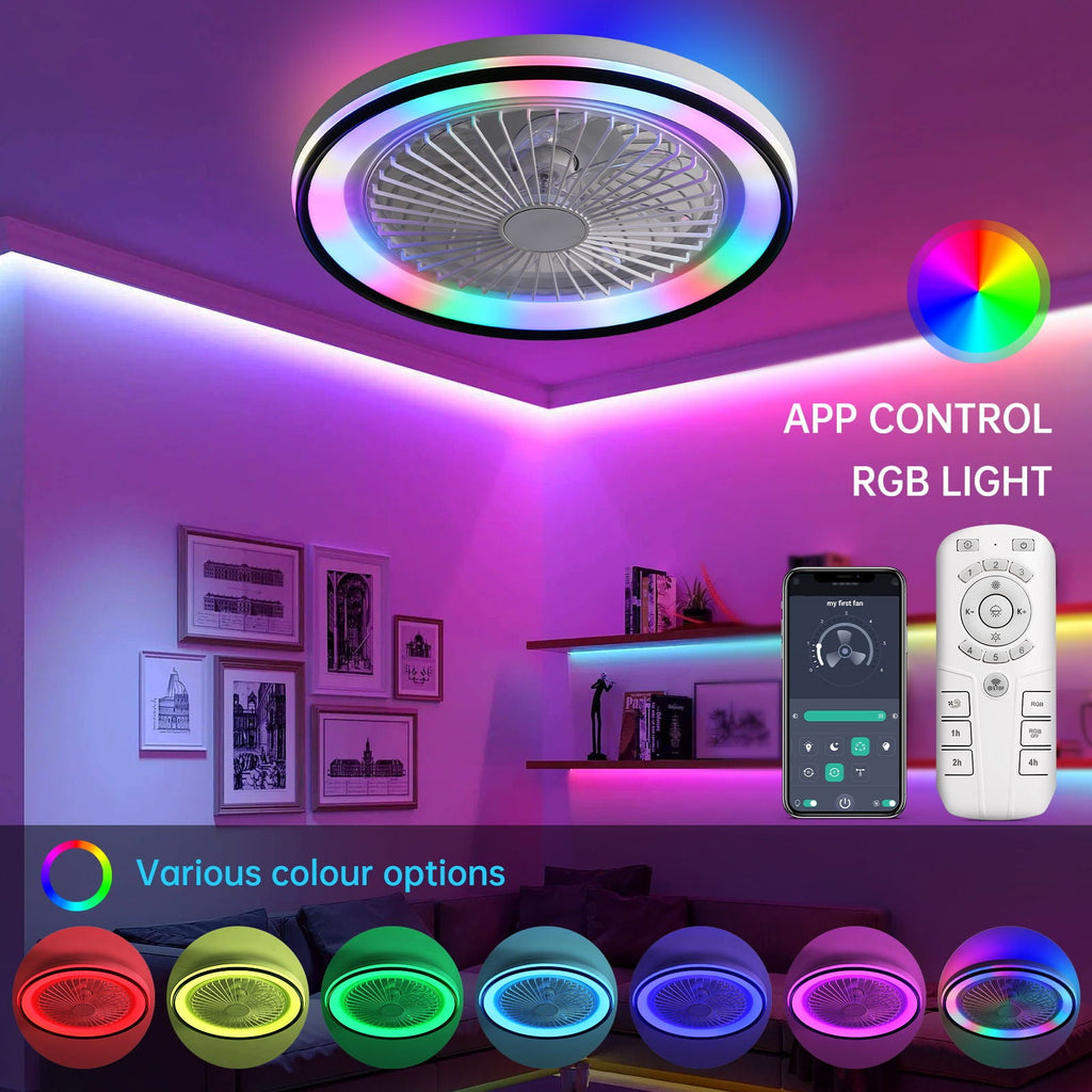 RGB Dimmable LED Enclosed Ceiling Fan With Light Flush Mount Bladeless, 6 Speed, Remote Control - White by Unique Piece Furniture