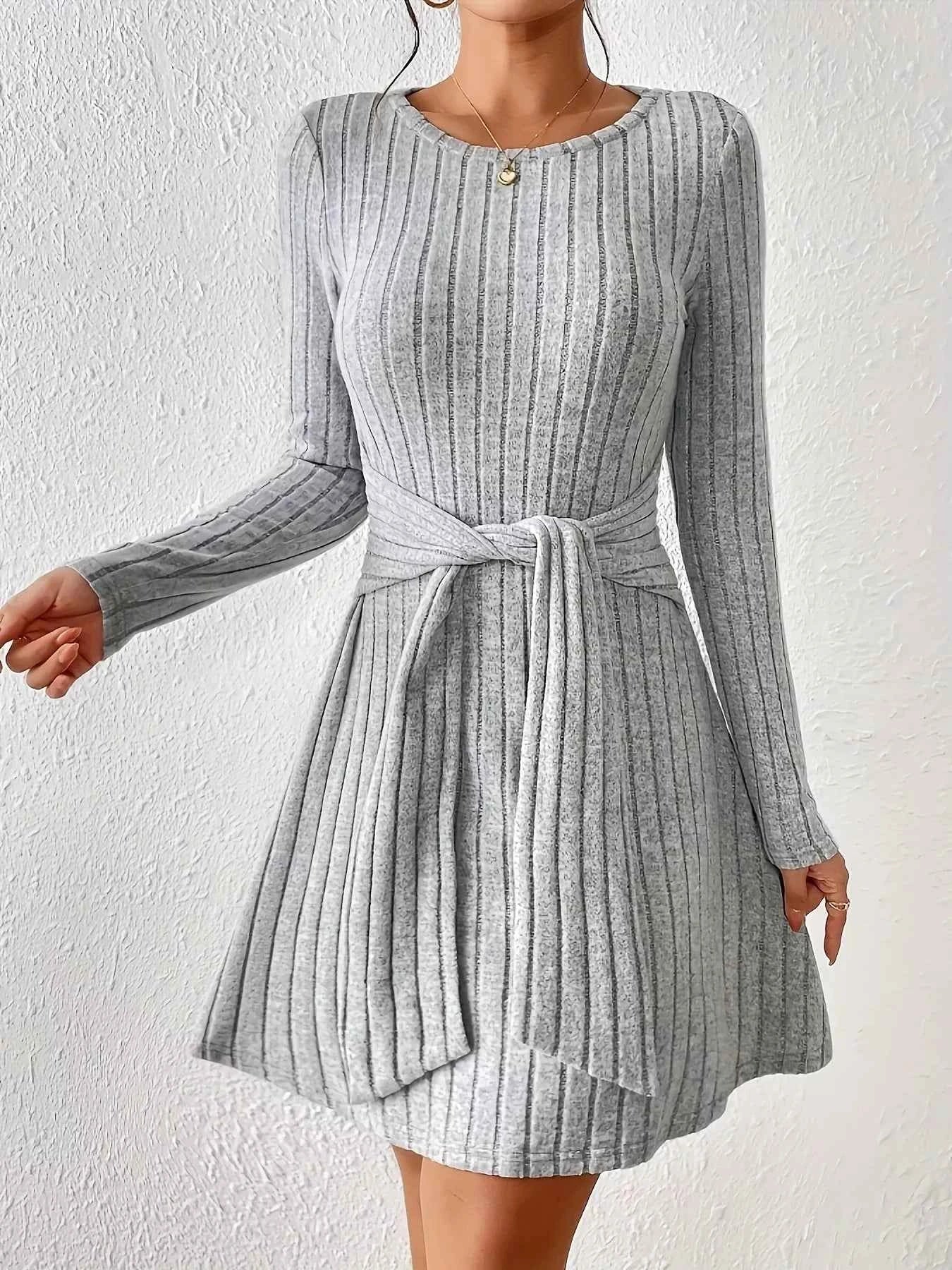 Ribbed Knit Tie Waist Long Sleeve Casual Dress by Wild and Free Boutique