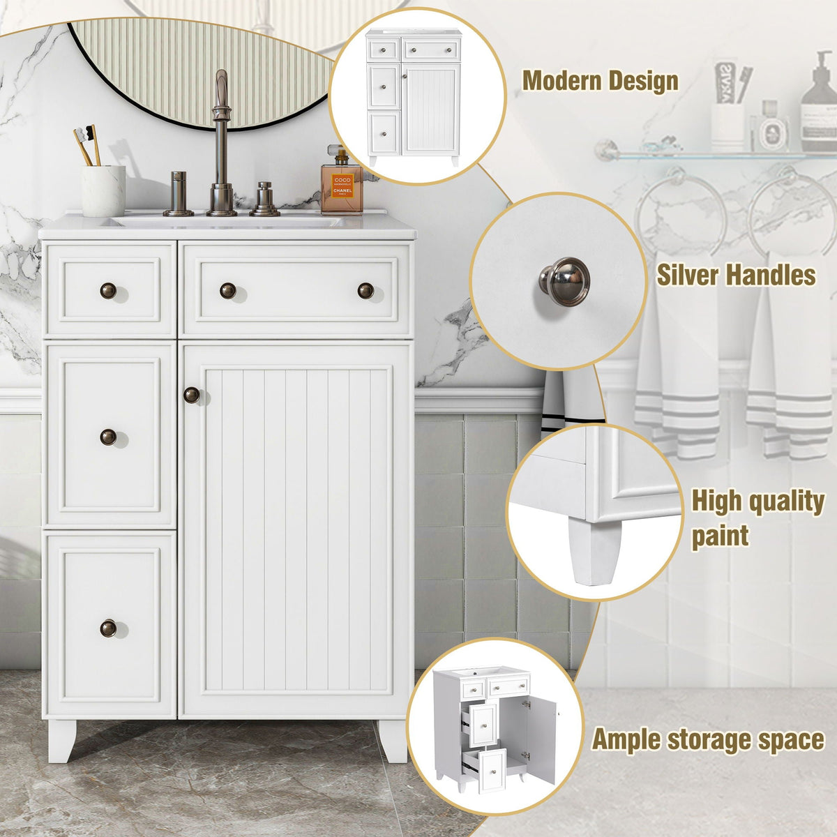 Transitional Style Bathroom Vanity Cabinet With Ceramic Sink by Unique Piece Furniture
