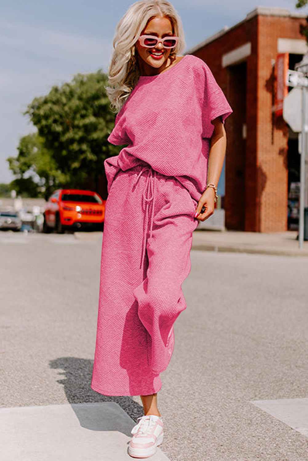 Strawberry Pink Textured Loose Fit T Shirt and Drawstring Pants Set by Wild and Free Boutique