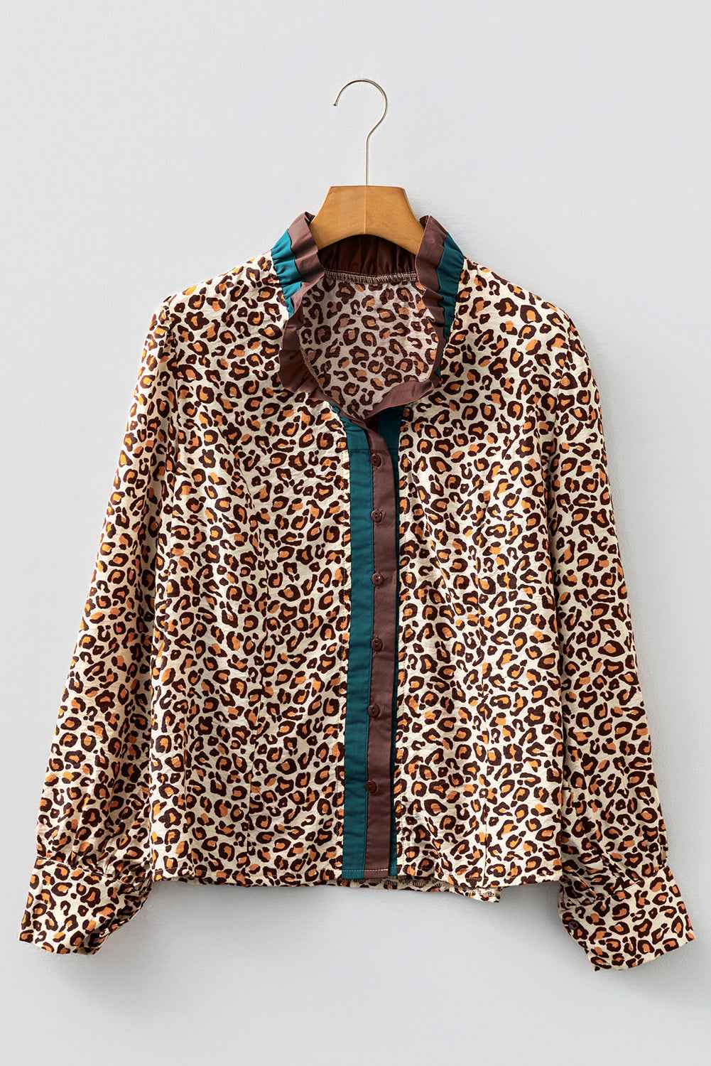 Brown Leopard Print Contrast Frilled Trim Button Down V Neck Shirt by Wild and Free Boutique