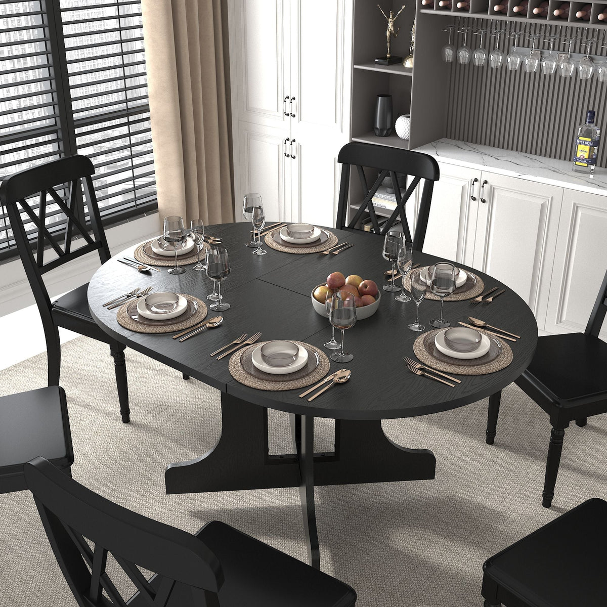 Dining Table For Farmhouse Kitchen Expandable Oval Table Top With Removable Leaf Trestle X Shaped Base - Black by Unique Piece Furniture