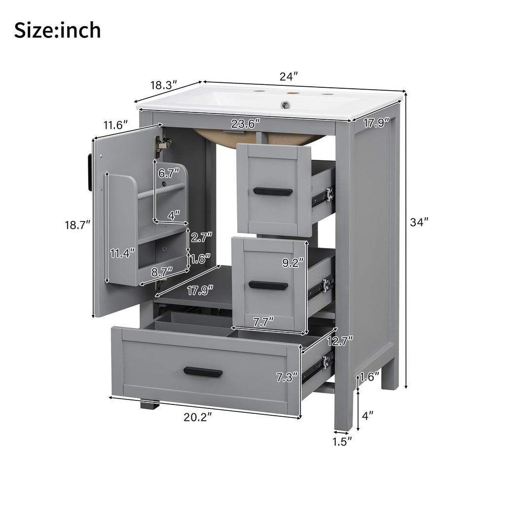 Bathroom Vanity With Sink, Soft Close Door, Double Layer Door Shelf And 3 Drawers - Gray by Unique Piece Furniture
