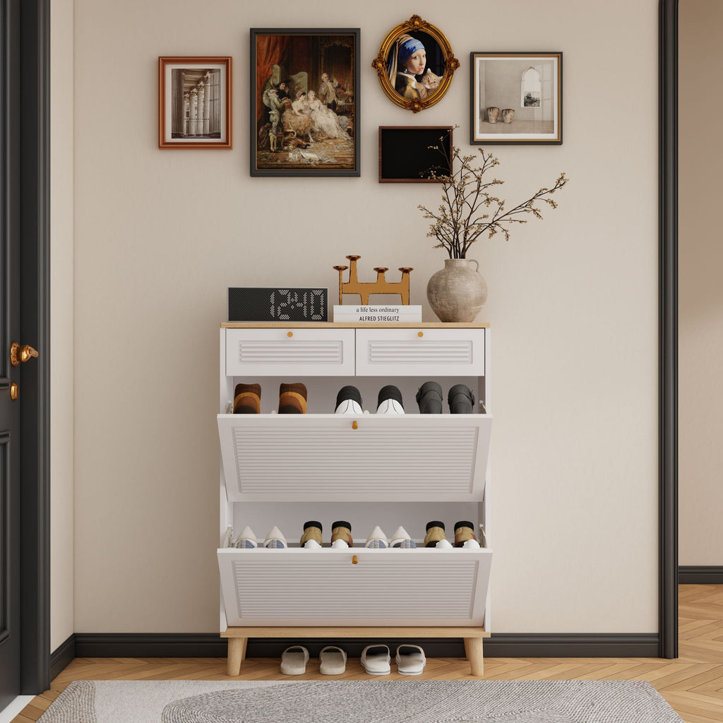 Modern Freestanding Shoe Cabinet With Flip Up Doors And Drawers, Compact Design For Entryway - White Natural by Unique Piece Furniture