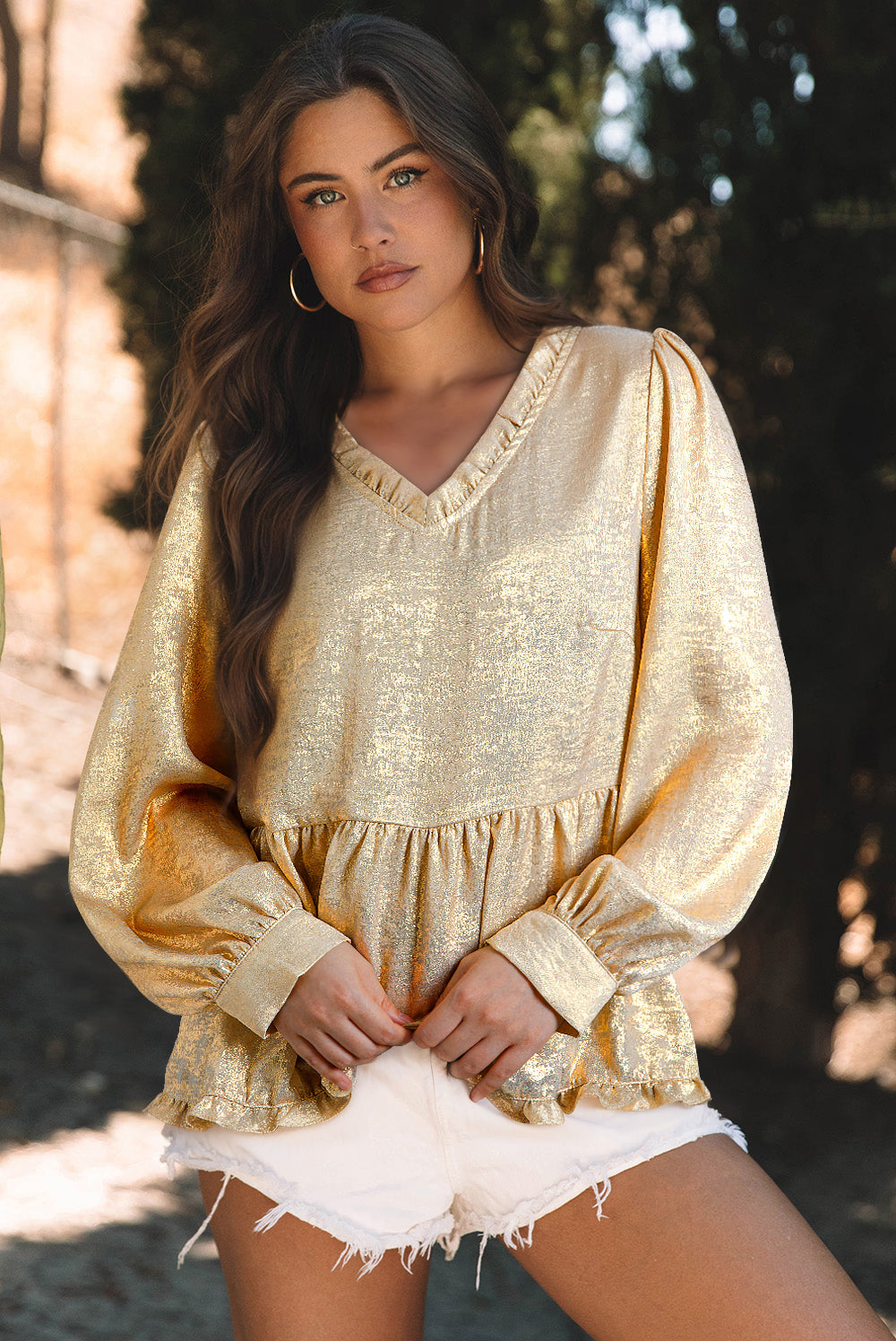 Gold Metallic Frilled V Neck Puff Sleeve Babydoll Blouse by Wild and Free Boutique