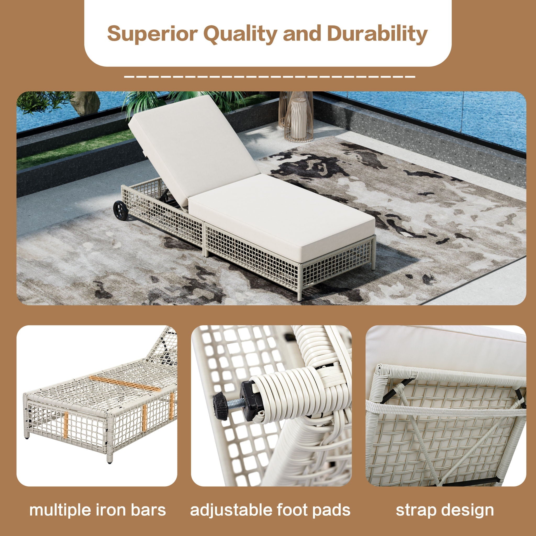 Outdoor Lounge Chair With 5 Position Backrest With Cushion And Wheels by Unique Piece Furniture