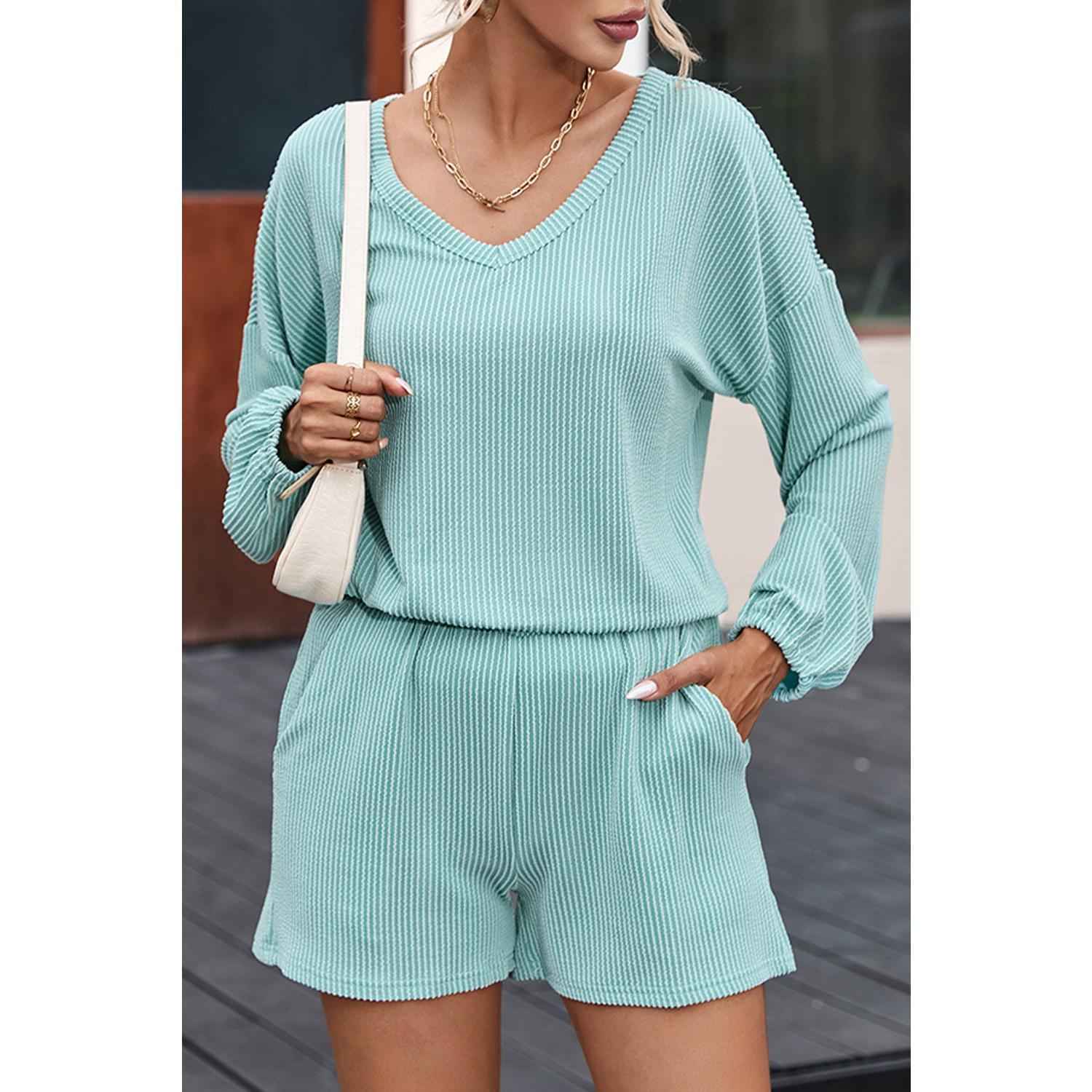 Mist Blue Corded V Neck Slouchy Top Pocketed Shorts Set Womenswear Clothing matching by Wild and Free Boutique