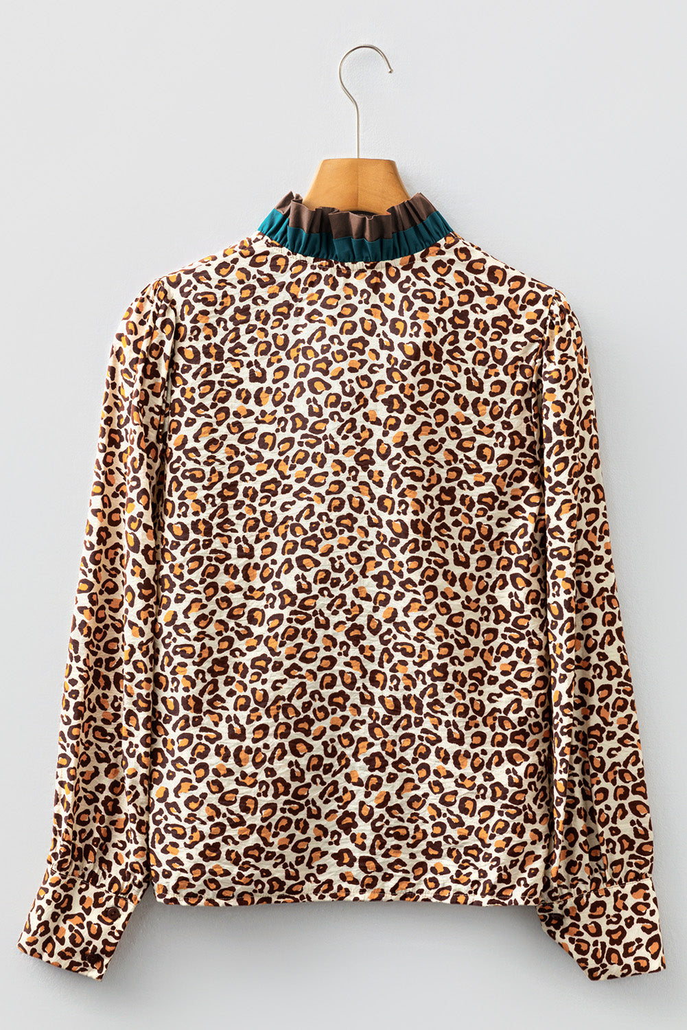 Brown Leopard Print Contrast Frilled Trim Button Down V Neck Shirt by Wild and Free Boutique