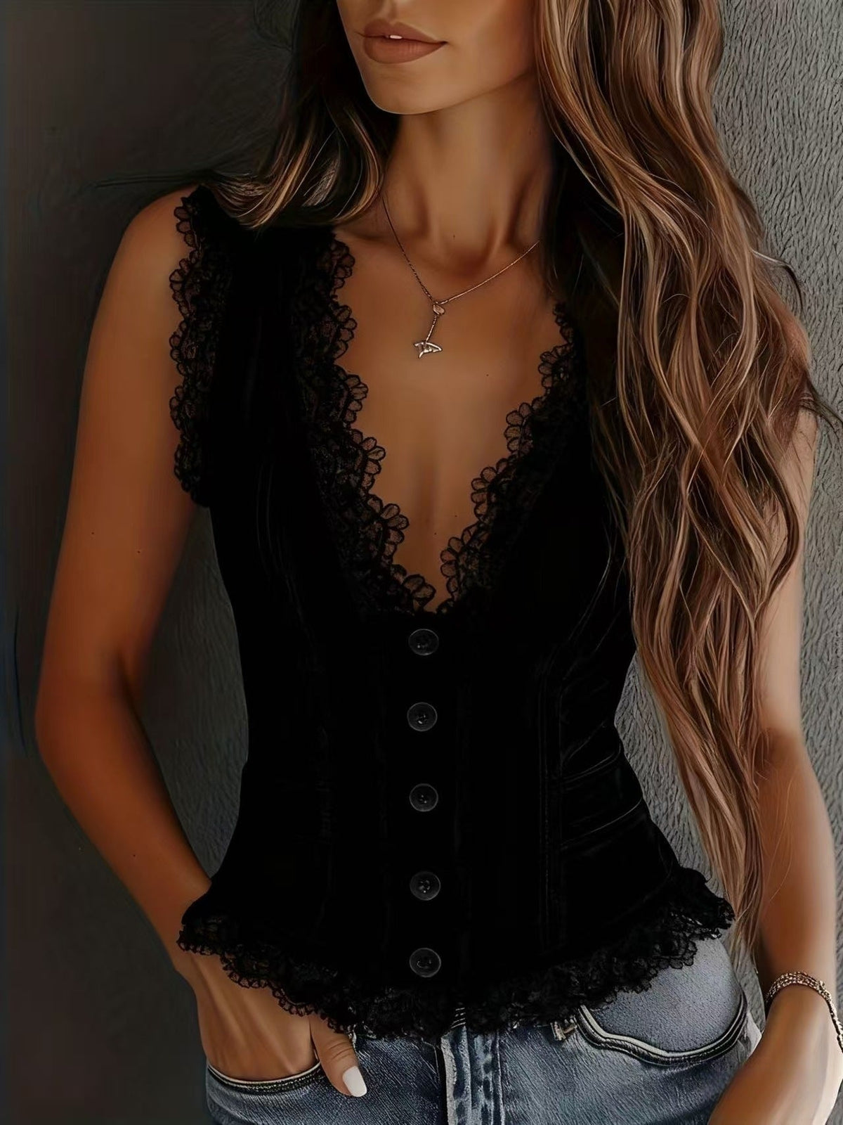 Lace Trim Button-Down Crop Tank Vest Women by FitiqueFit