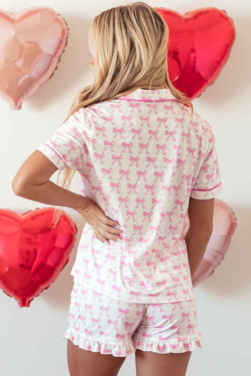 Pink Bowknot Printed Short Sleeve and Ruffled Shorts Pajama Set by Dear-Lover Dropshipping