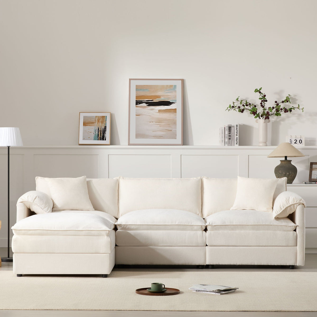 Modular Sectional With Deep And Wide Seat, Cloud Couch Set With Double Cushions Sofa With Movable Ottoman by Unique Piece Furniture