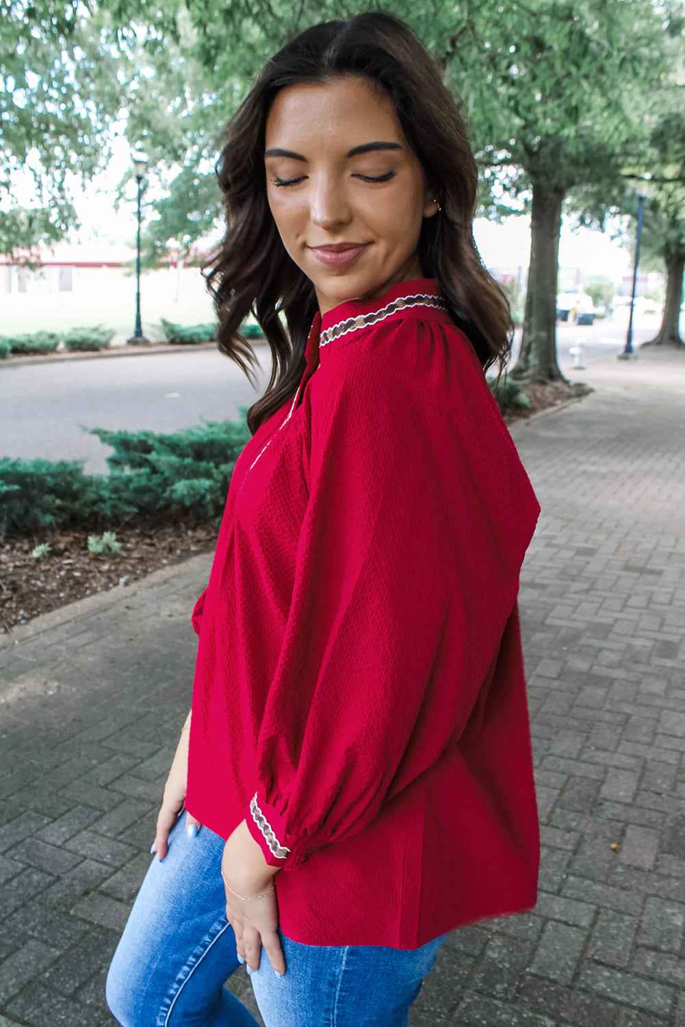 Racing Red Leopard Jacquard Print V Neck Textured Blouse by Wild and Free Boutique