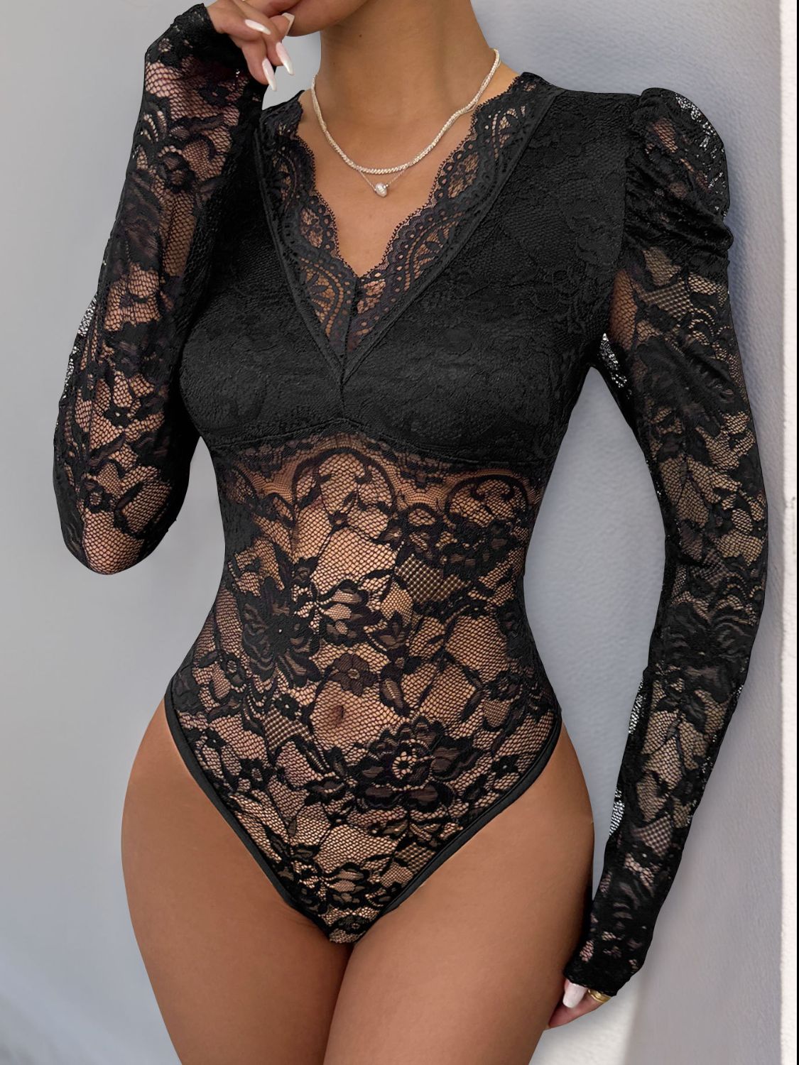 Perfee Lace V-Neck Long Sleeve Bodysuit by Wild and Free Boutique