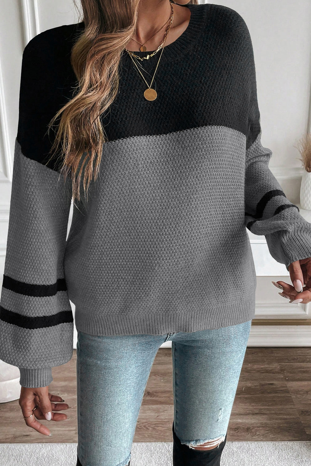 Dark Brown Color Block Knit Striped Sleeve Detail Casual Sweater by Wild and Free Boutique